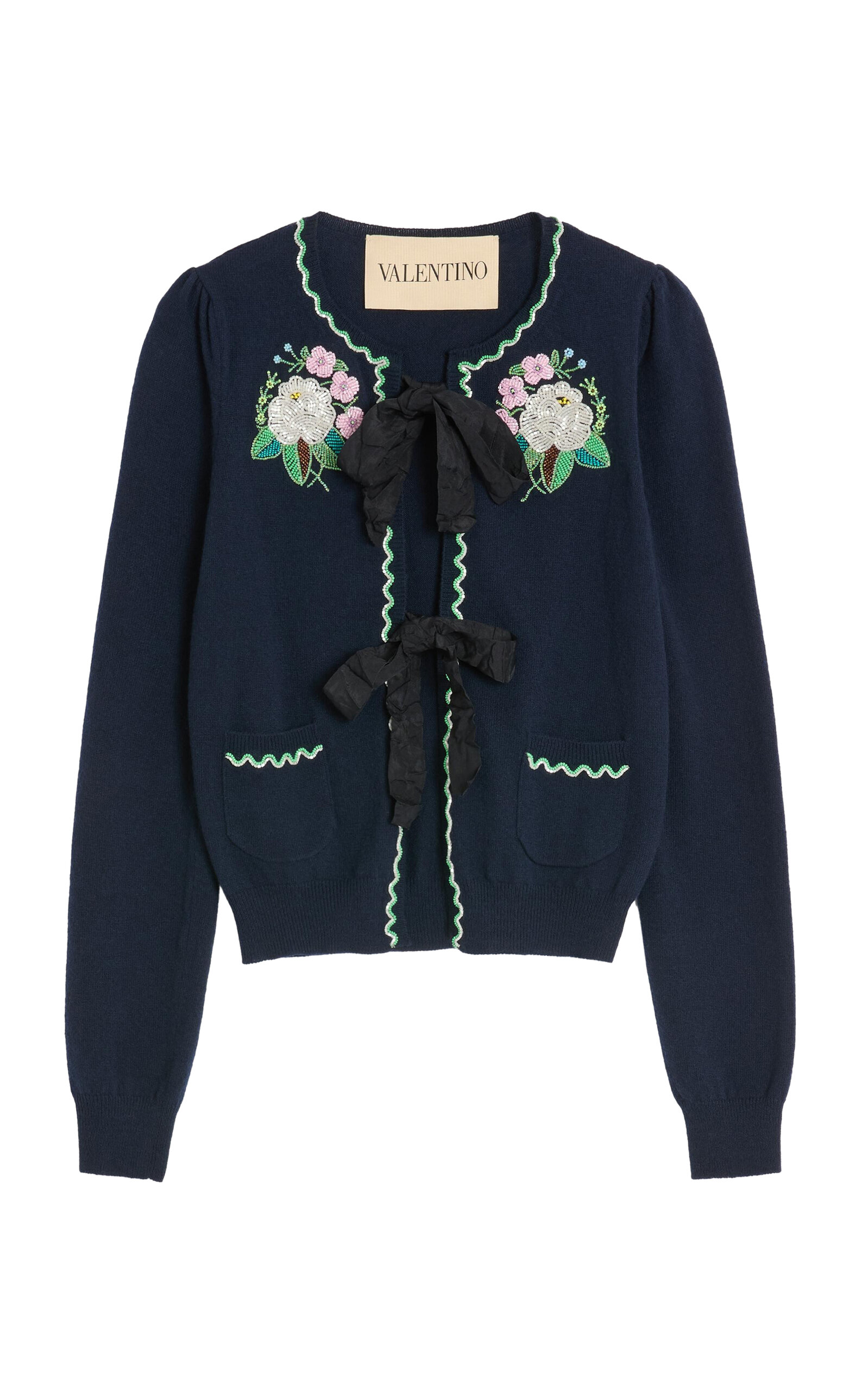 Valentino Embroidered Virgin-wool Cardigan In Blue