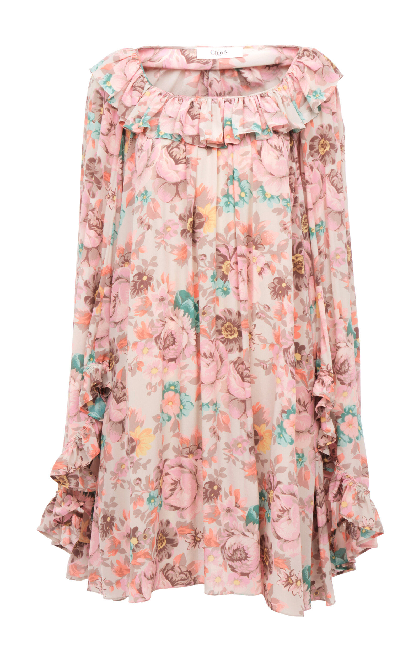 Chloé Bouquet-printed Organic Silk Crepe De Chine Mini Cape Dress