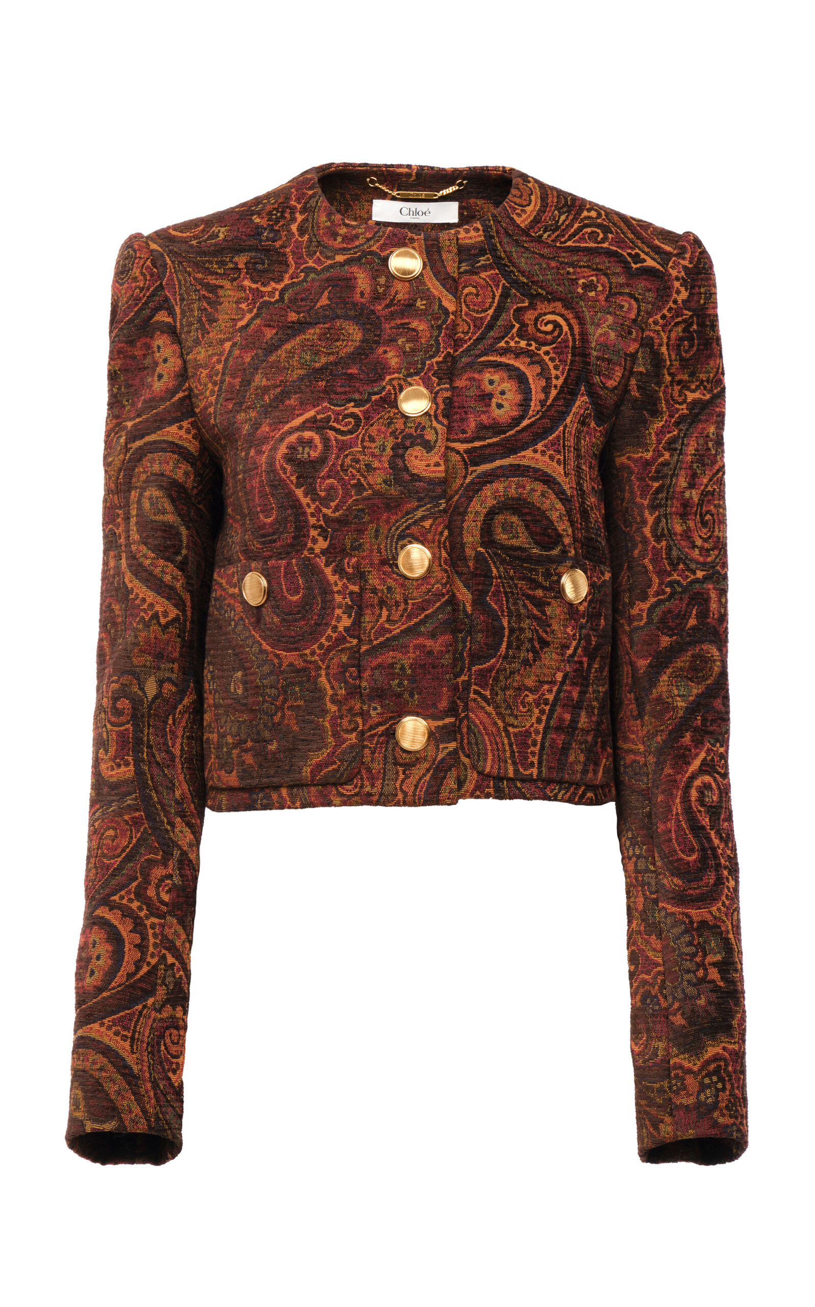 Chloé Multicolor Cropped Jacket With Round Neck And All-over Motif In Cotton Blend Woman In Brown