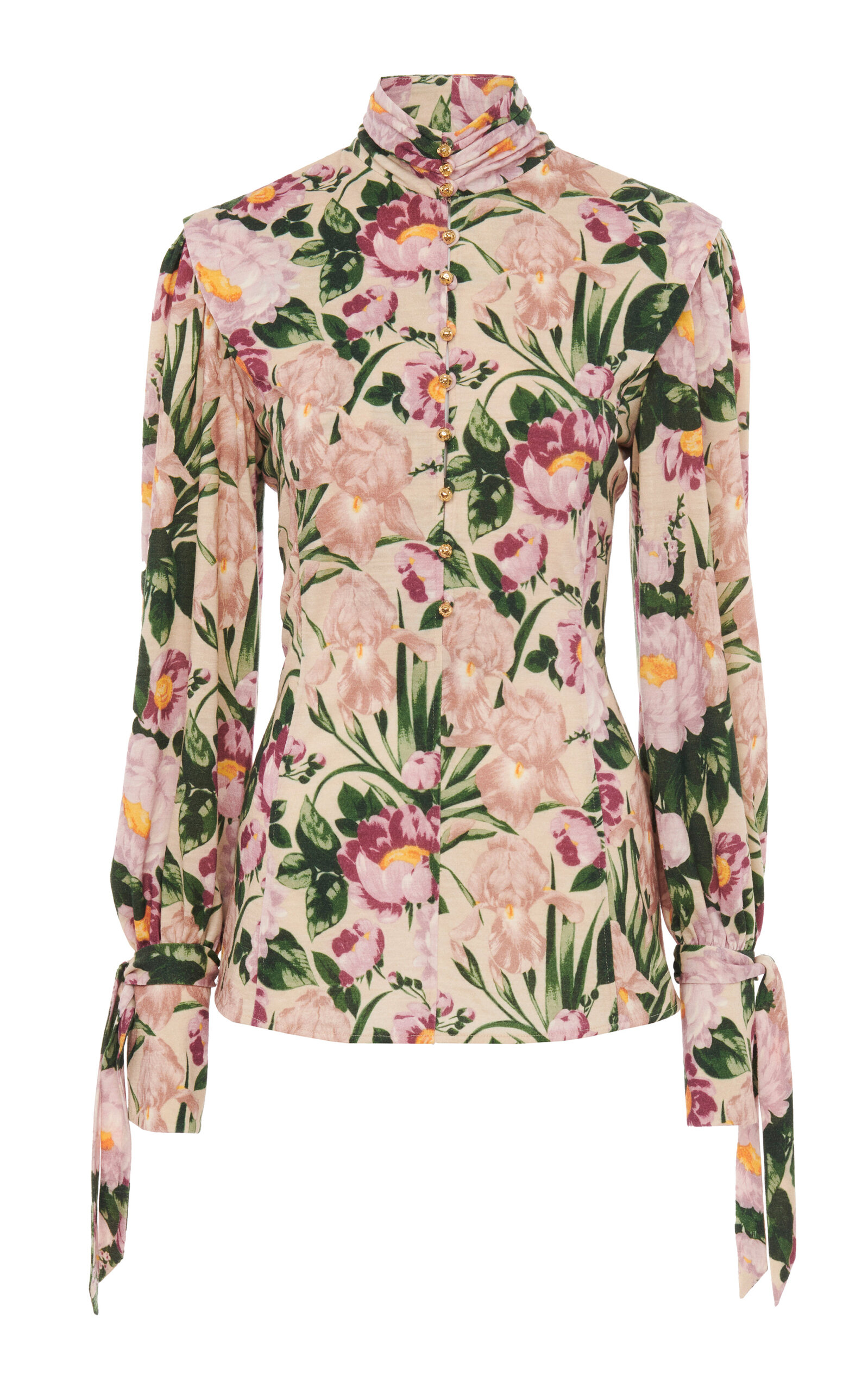 Chloé Turtleneck Jersey Wool Sweater With Floral Print In Gold