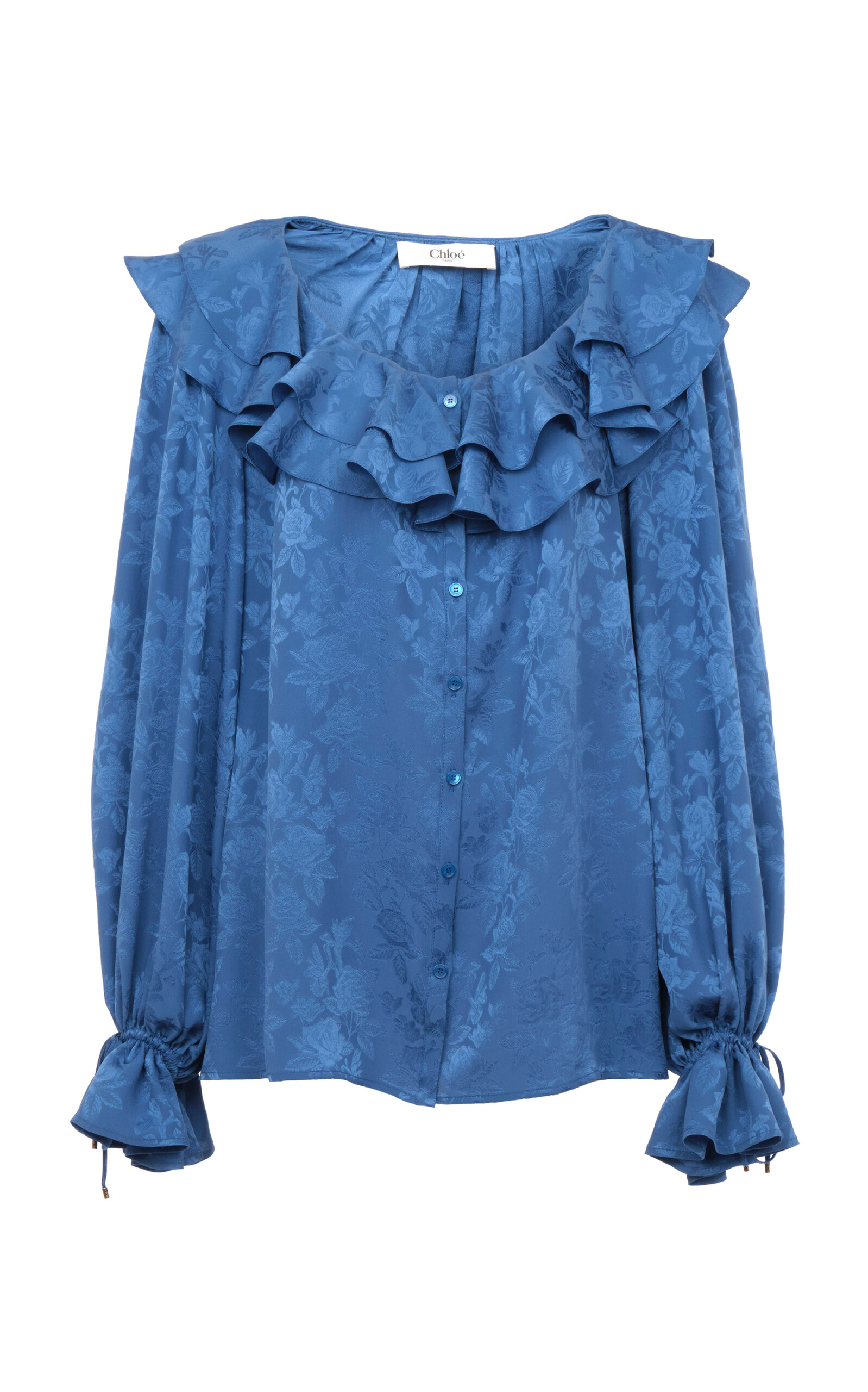 Chloé Floral Silk Jacquard Ruffle Top In Blue