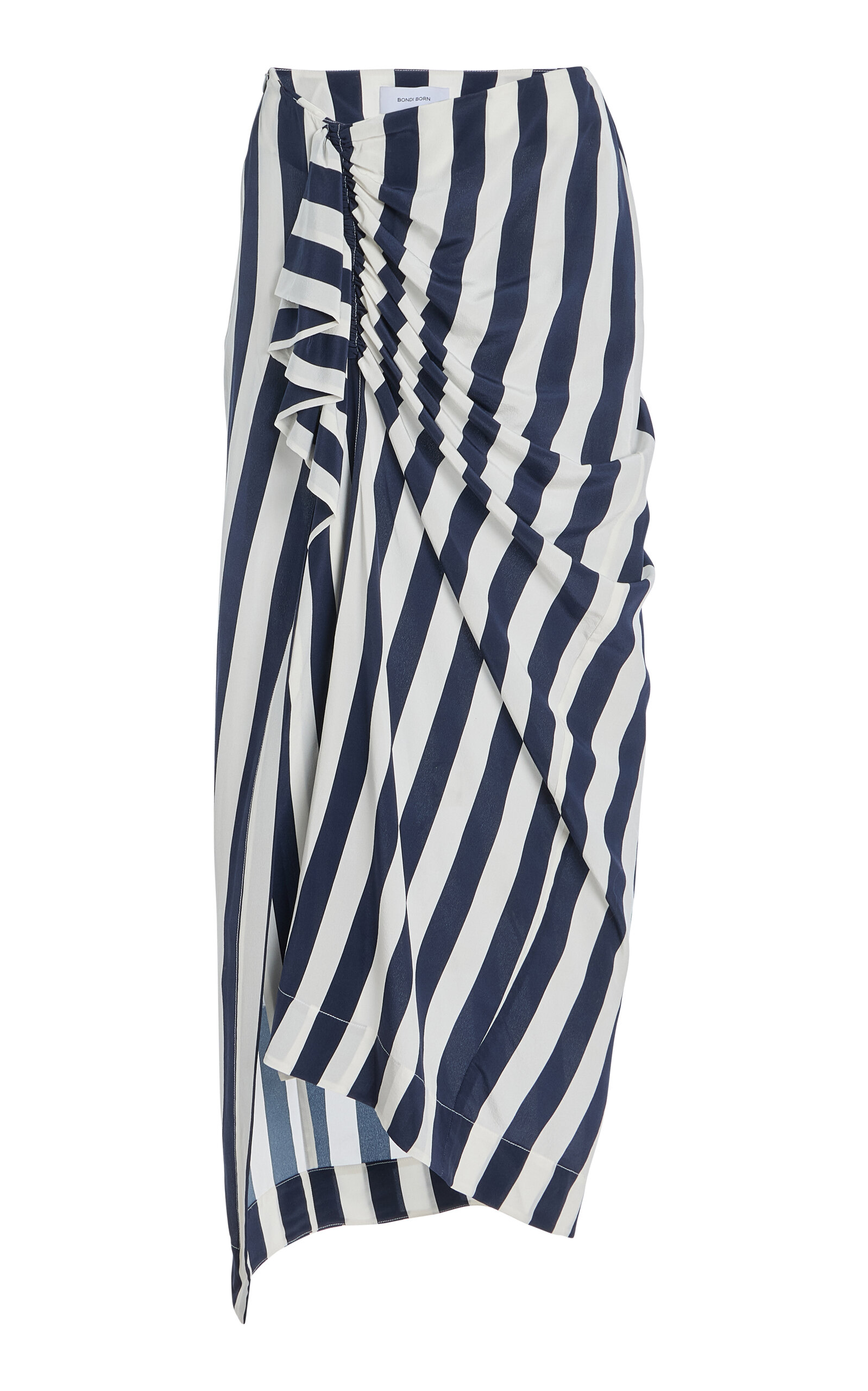 BONDI BORN Orta Draped Striped Silk Crepe de Chine Skirt