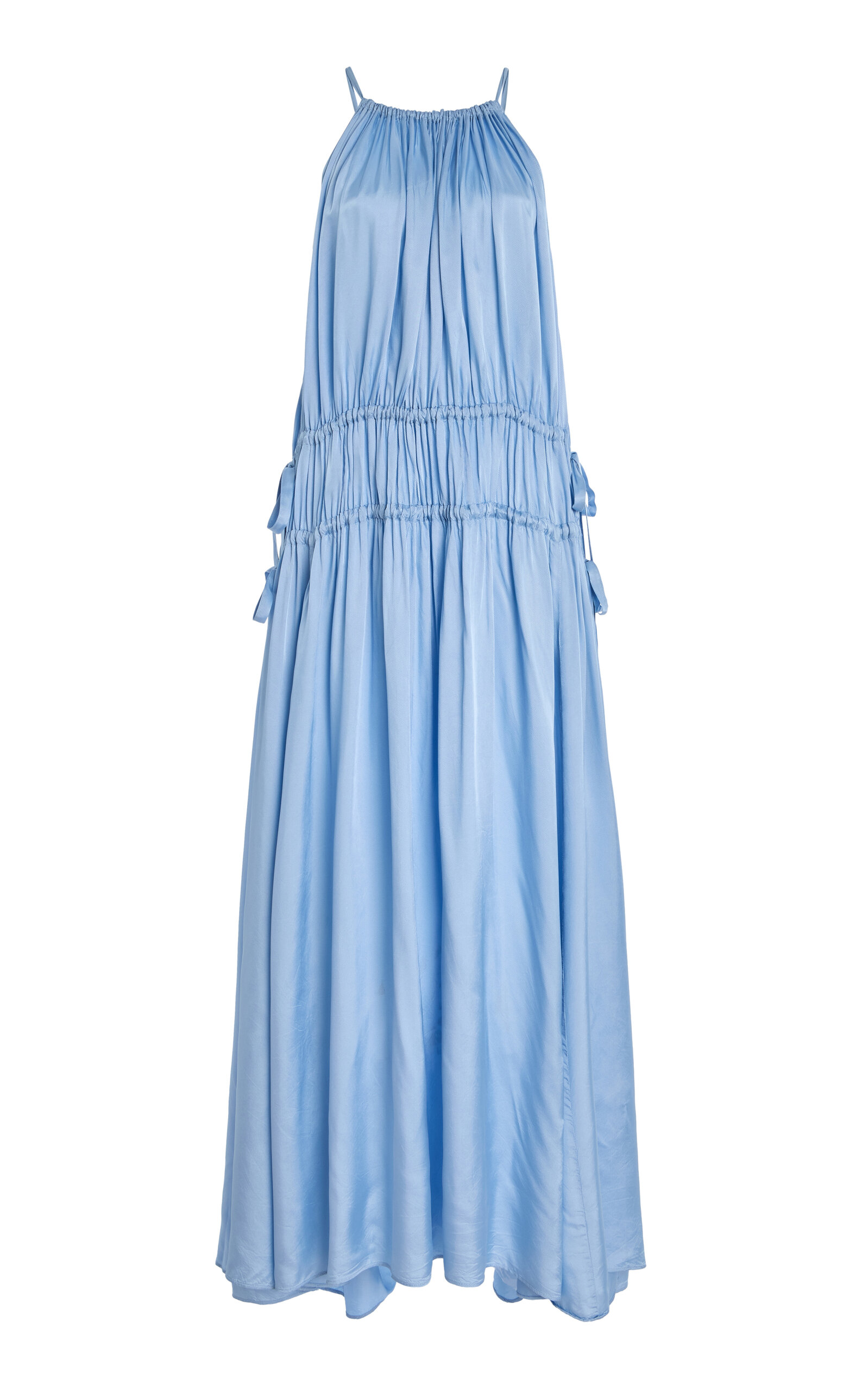 Bondi Born Como Tie Gathered Twill-satin Maxi Dress In Blue