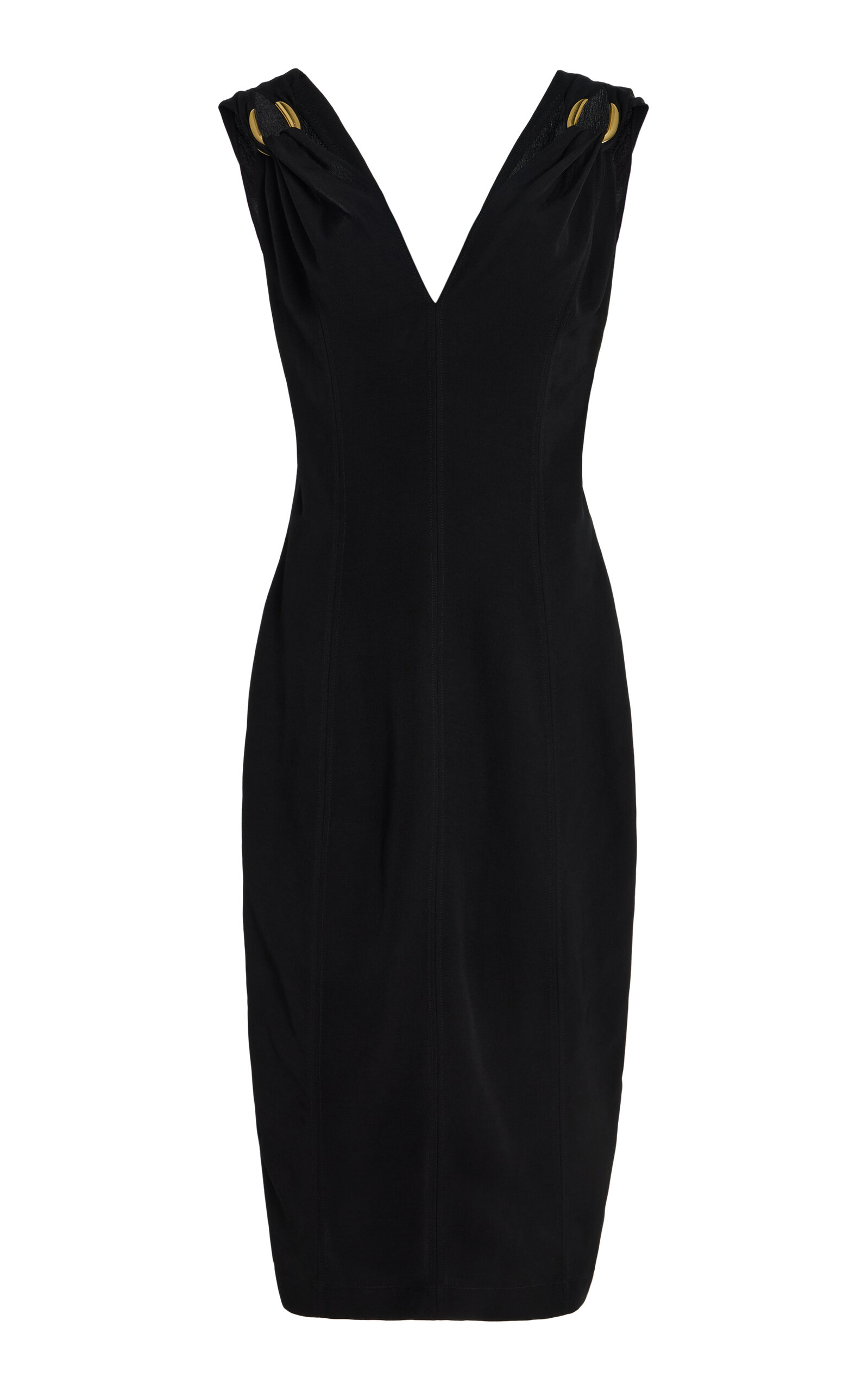 Bottega Veneta Gathered Hardware-detailed Linen Midi Dress In Black
