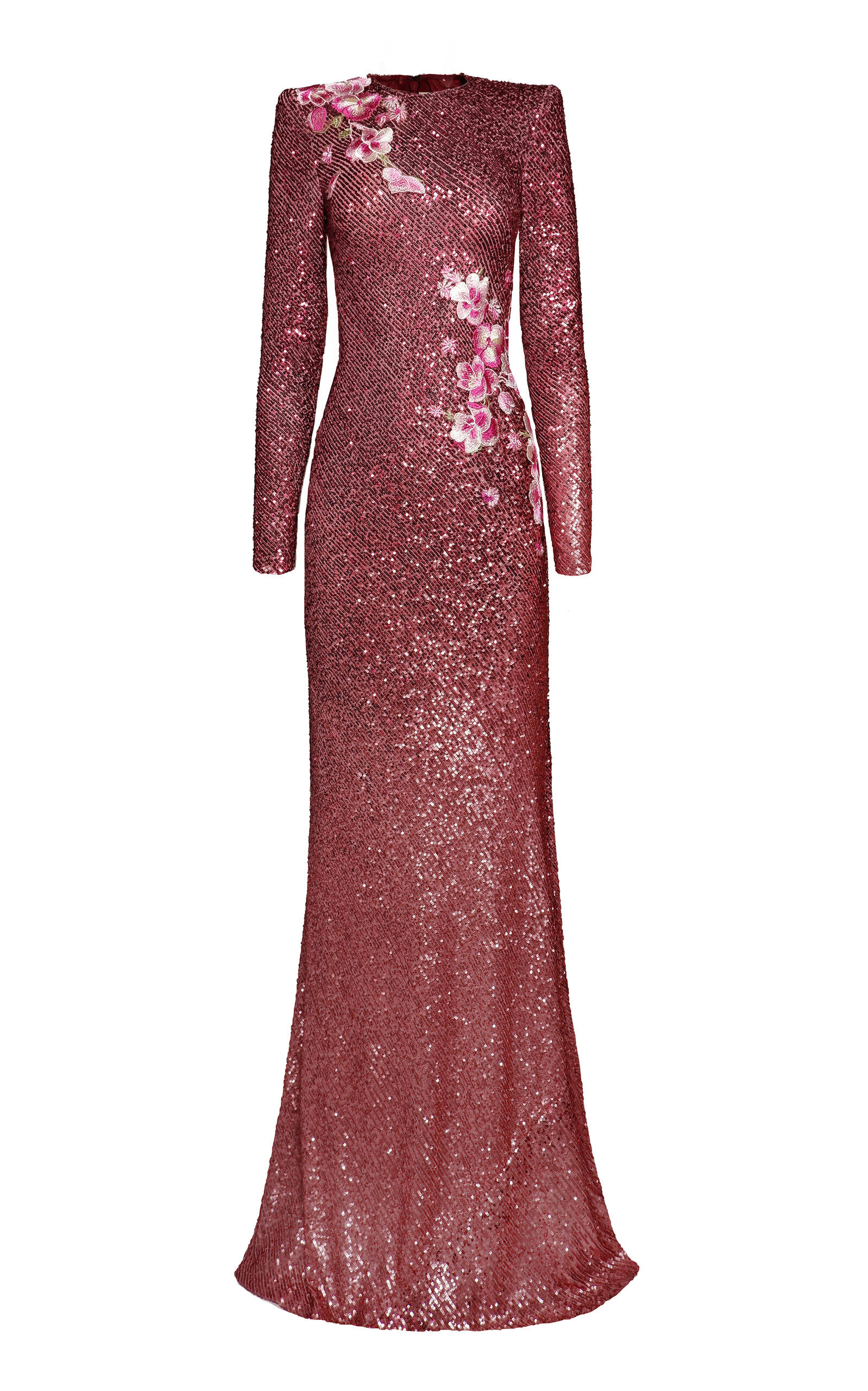 Floral-Appliquéd Sequined Gown