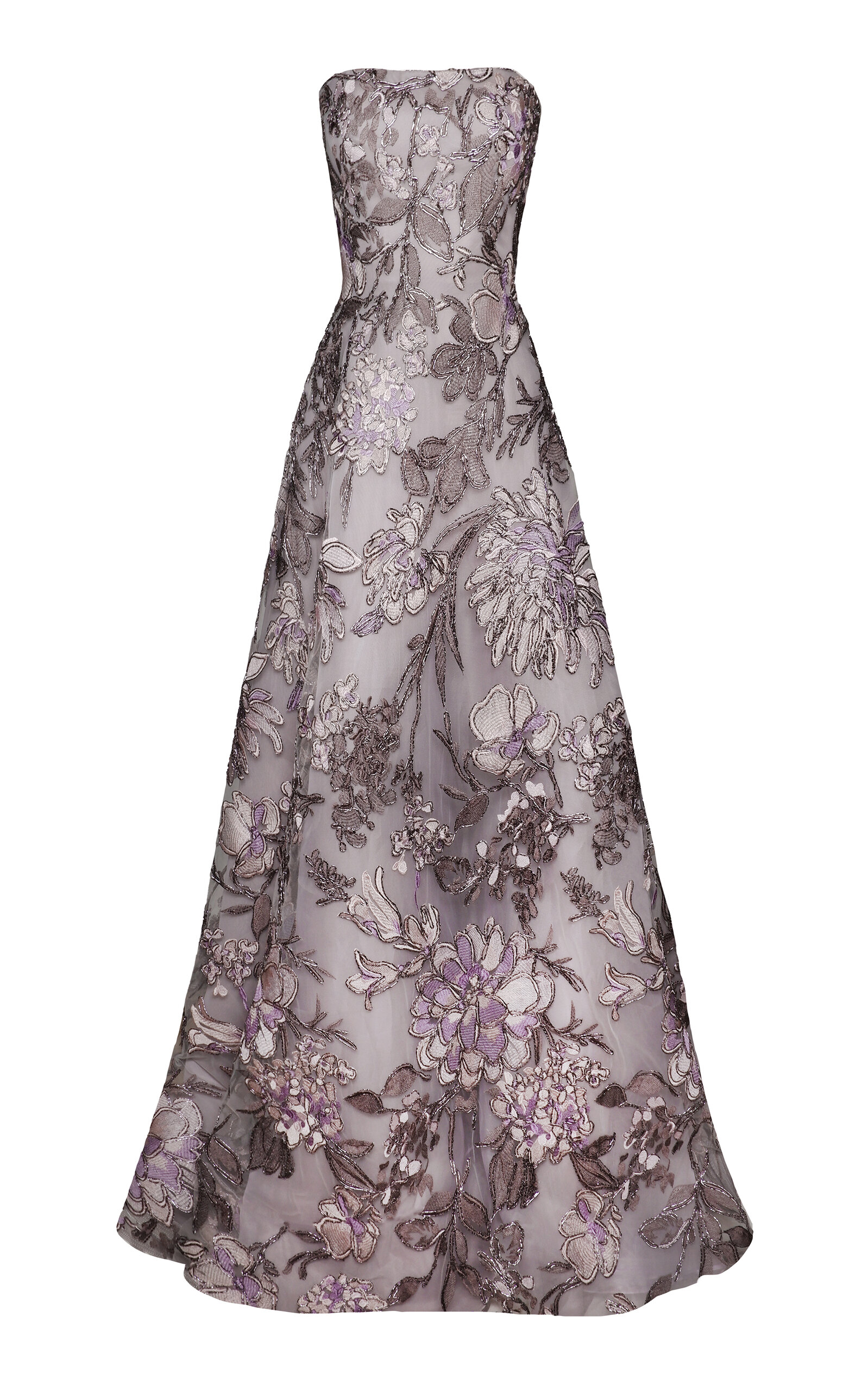 Naeem Khan Raffia Strapless Floral Embroidered Gown In Silver