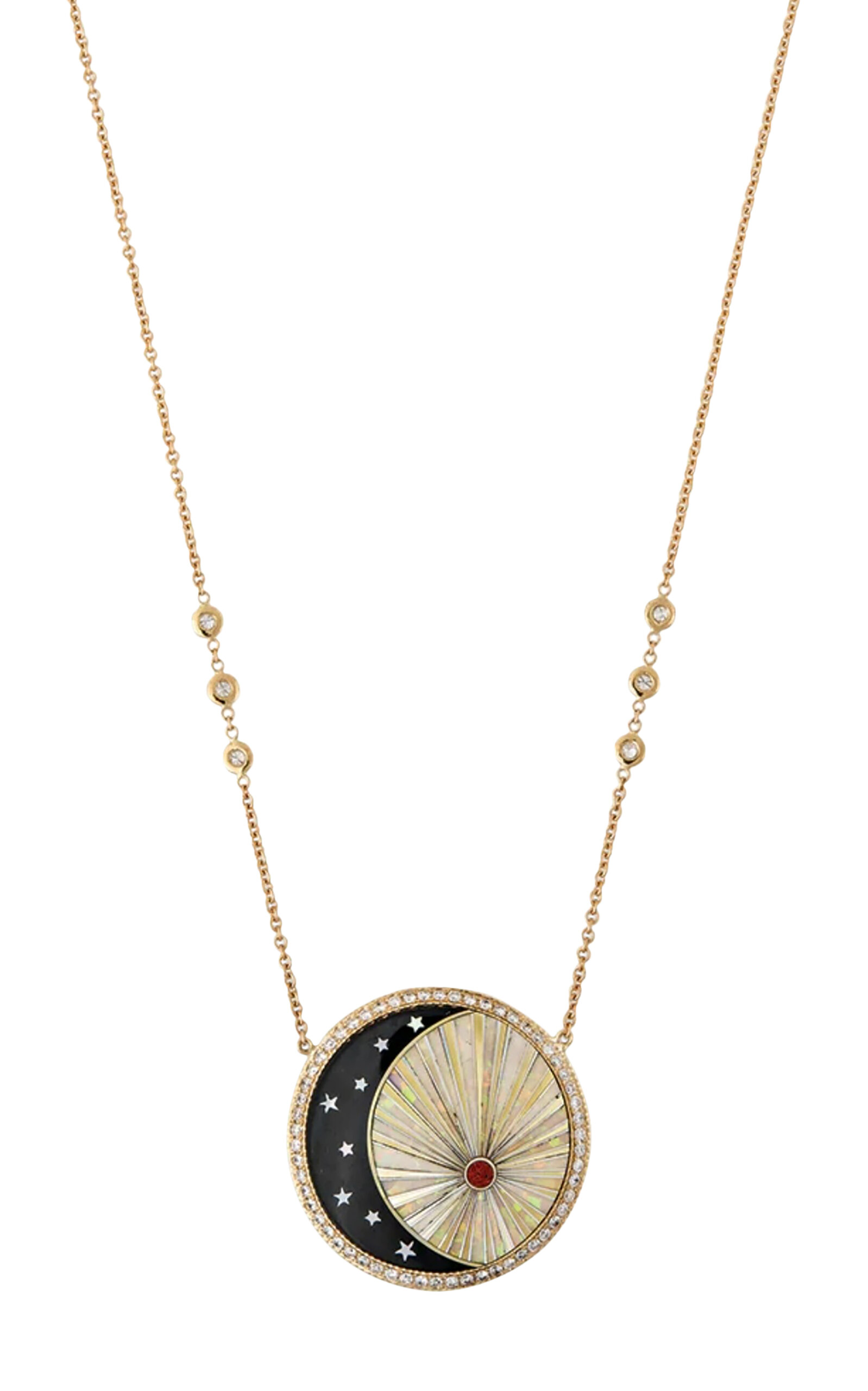 Sun Moon And Star 14k Yellow Gold; Diamond; Opal; Onyx Necklace