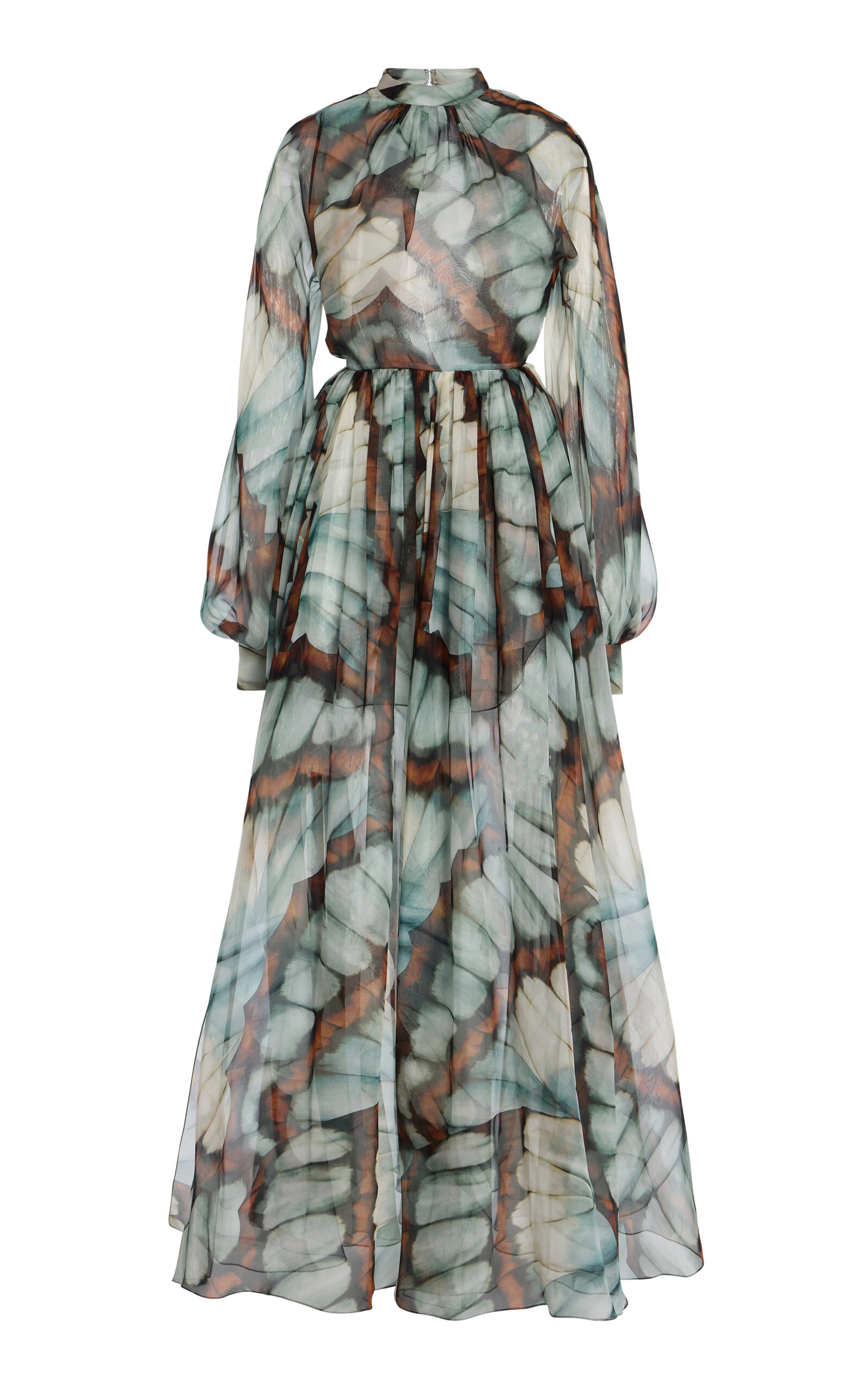 Oscar De La Renta Butterfly Print Long Sleeve Silk Chiffon Gown In Brown