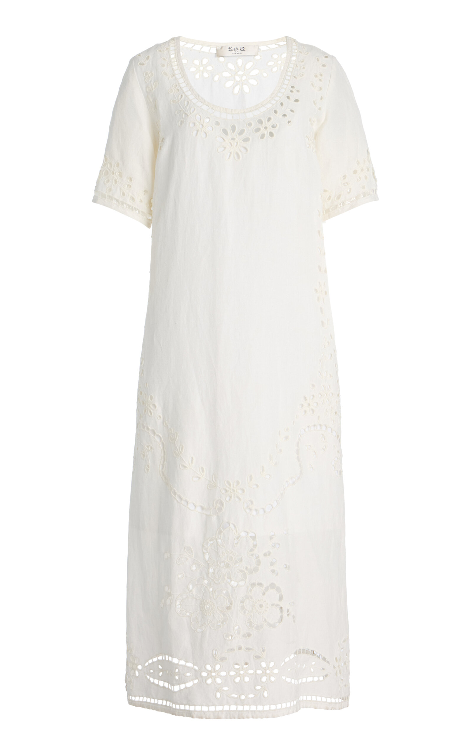 Sea Lula Embroidered Linen-Blend Midi Dress - White - XS
