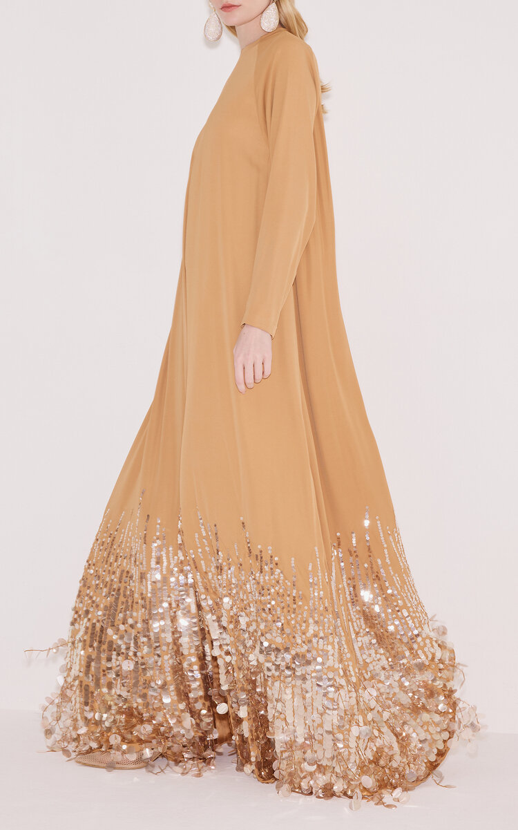 Harithand Rina Sequined Charmeuse Long Sleeve Dress In Nude