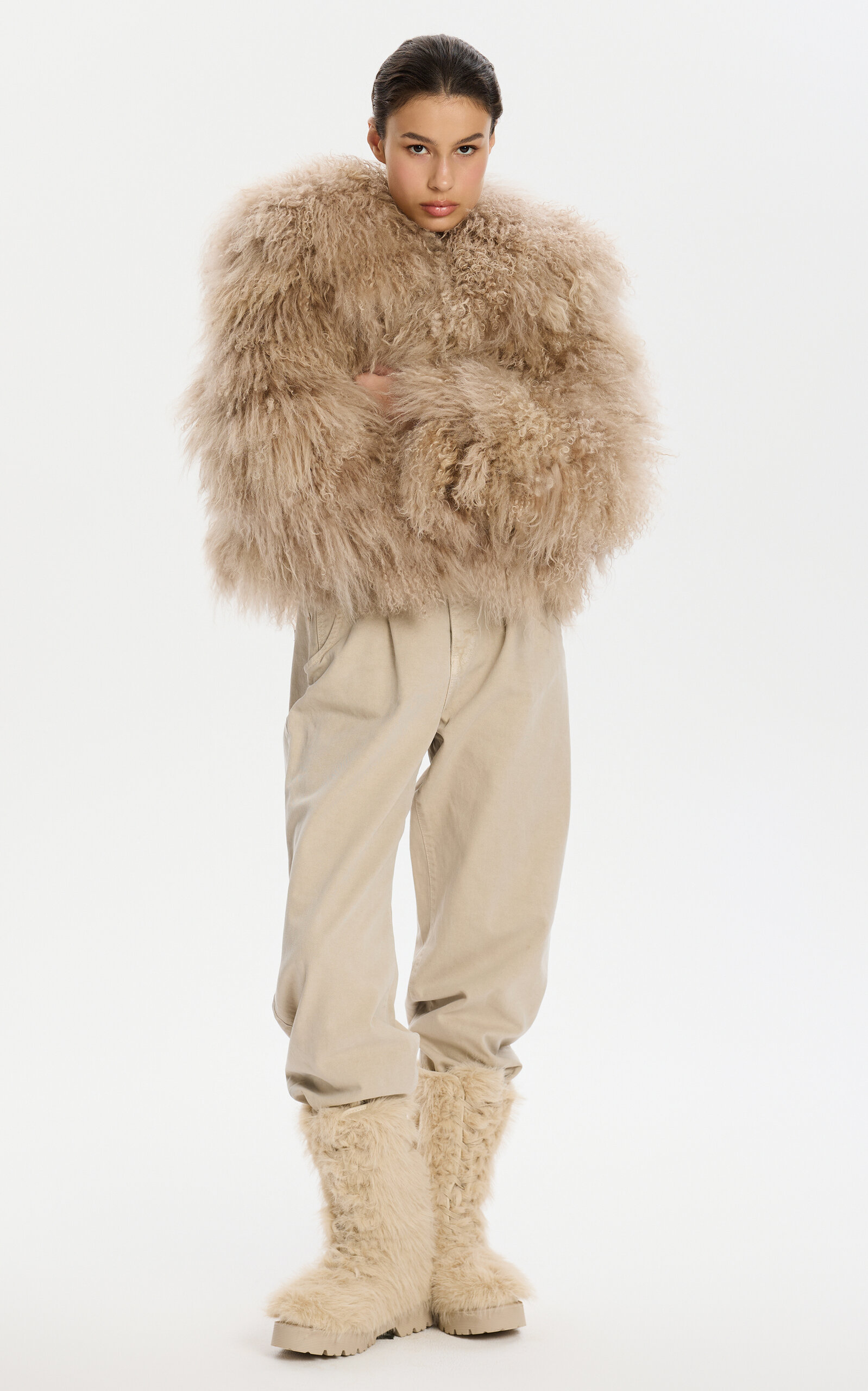 Karen Arcanjo Lui Shearling Cropped Jacket In Nude