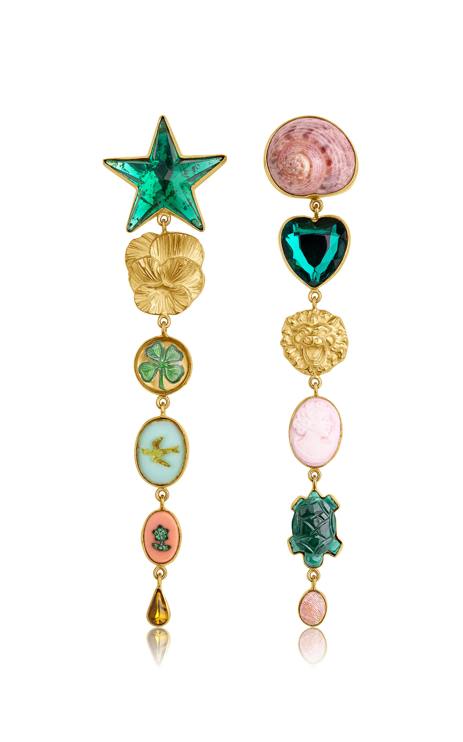 18K Gold Plated Silver and Mixed Materials Green Heart and Star Earrings
