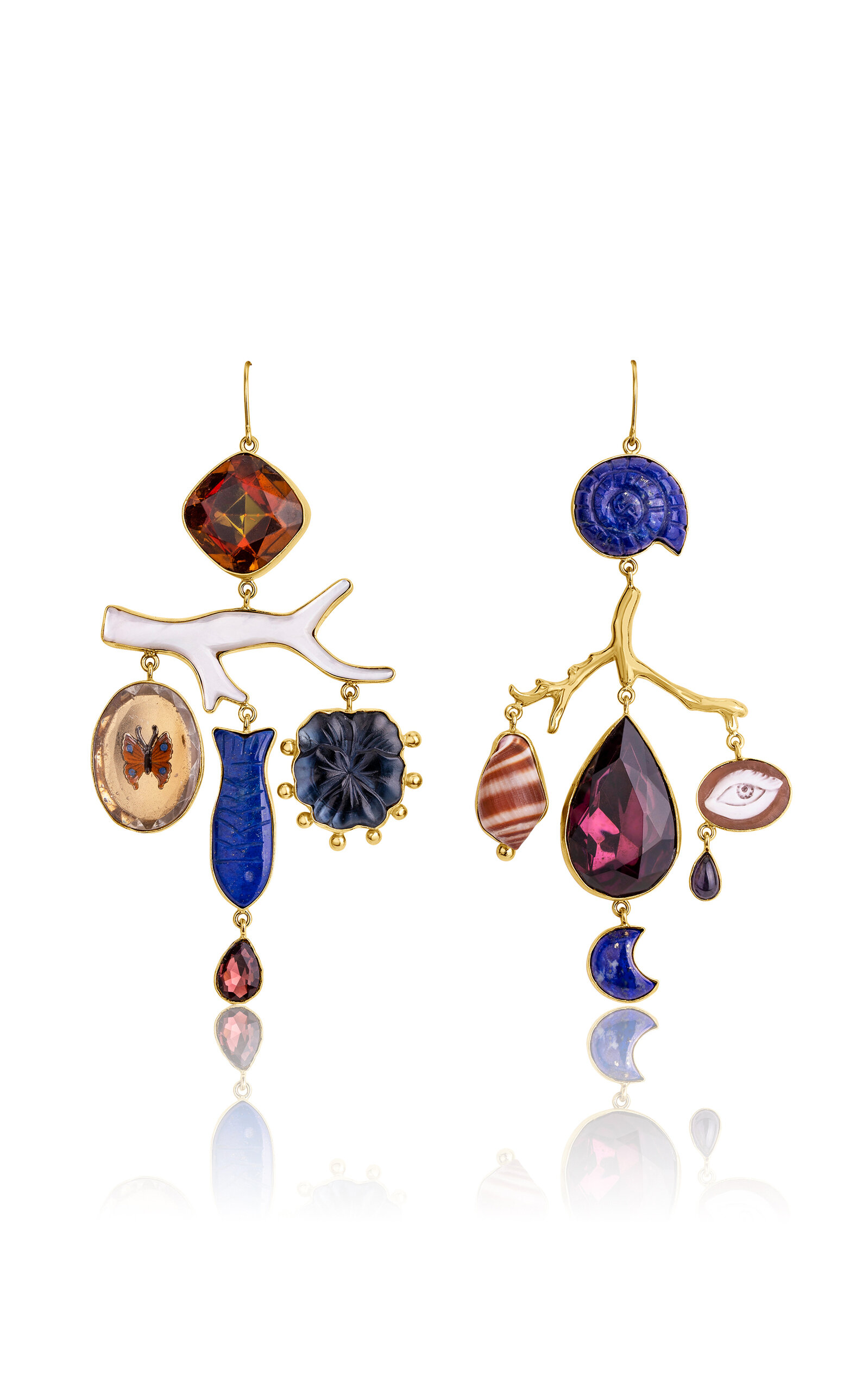 18K Gold Plated Silver and Mixed Materials Butterfly and Branch Earrings