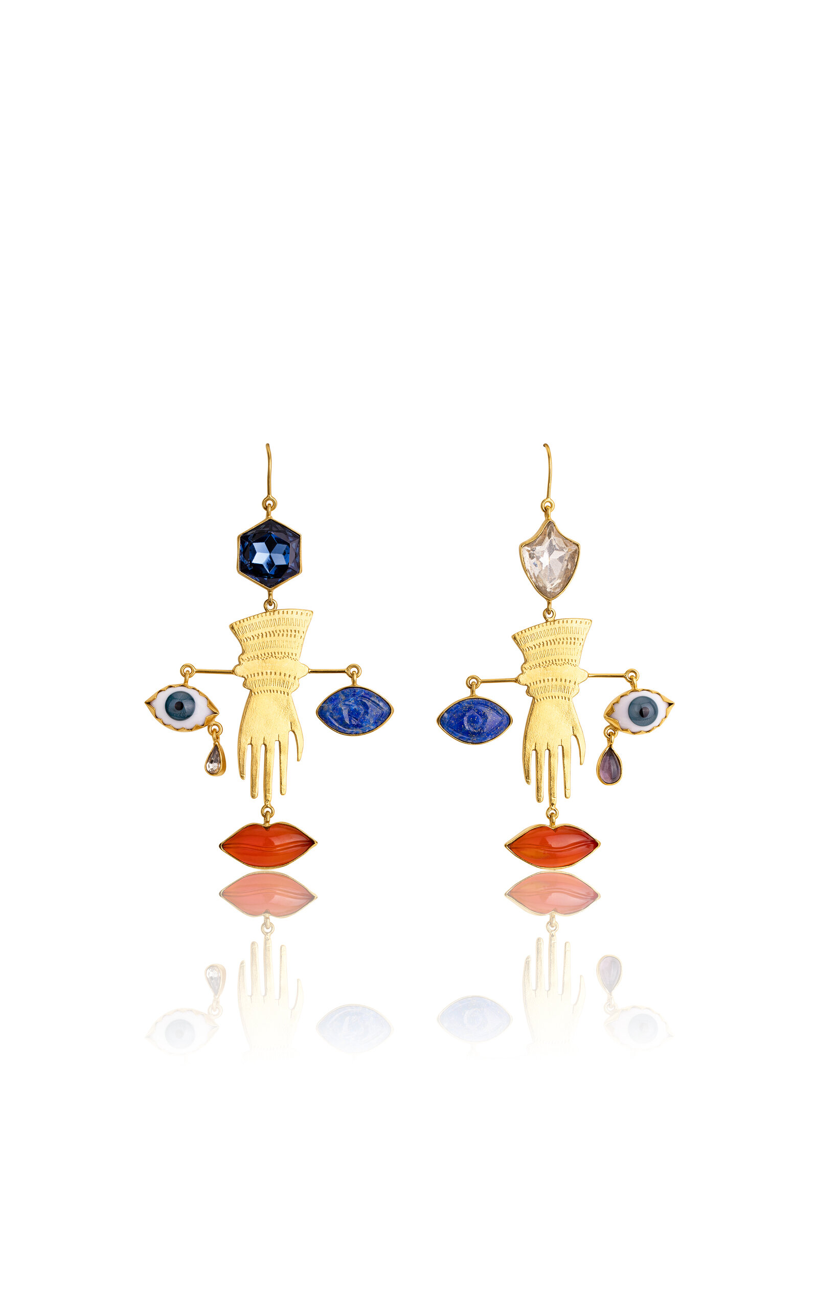 18K Gold Plated Silver and Mixed Materials Glove and Face Charm Earrings