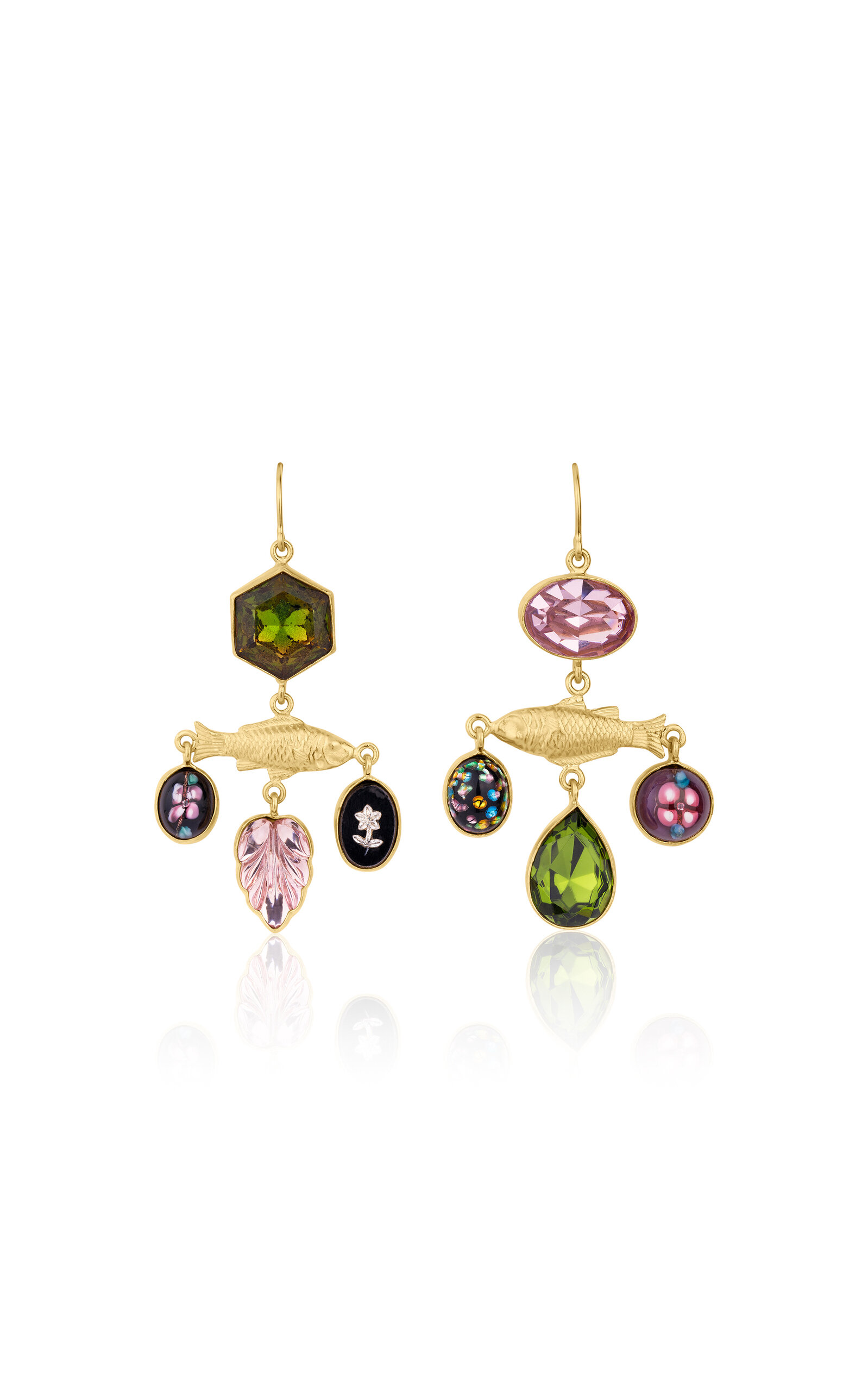Grainne Morton 18k Gold Plated Silver And Vintage Glass Cabochon And Rhinestone Fish Balance Drop Earrings In Green