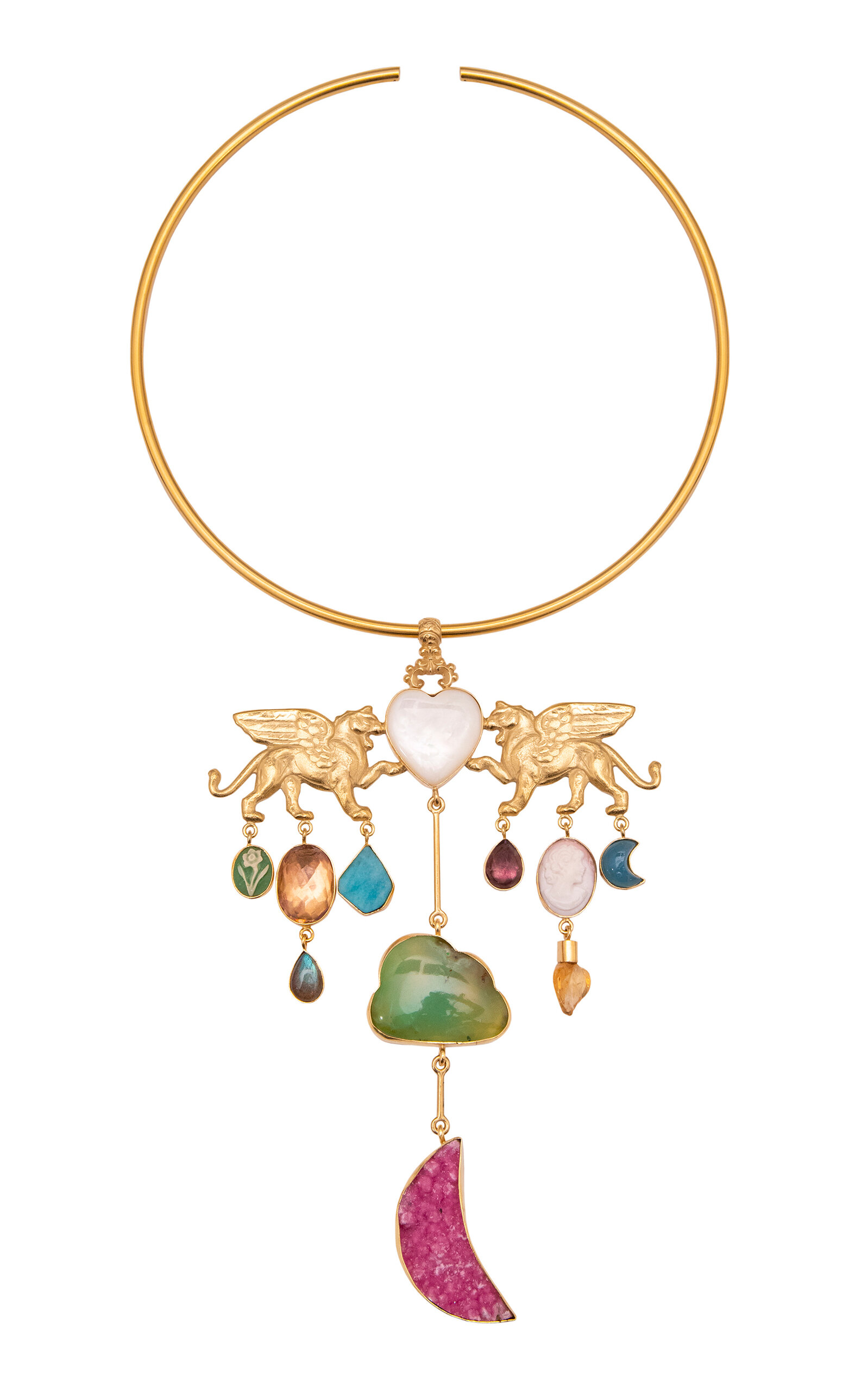 Grainne Morton 18k Gold Plated Silver And Mixed Materials Winged Lion Heart Necklace In Gold