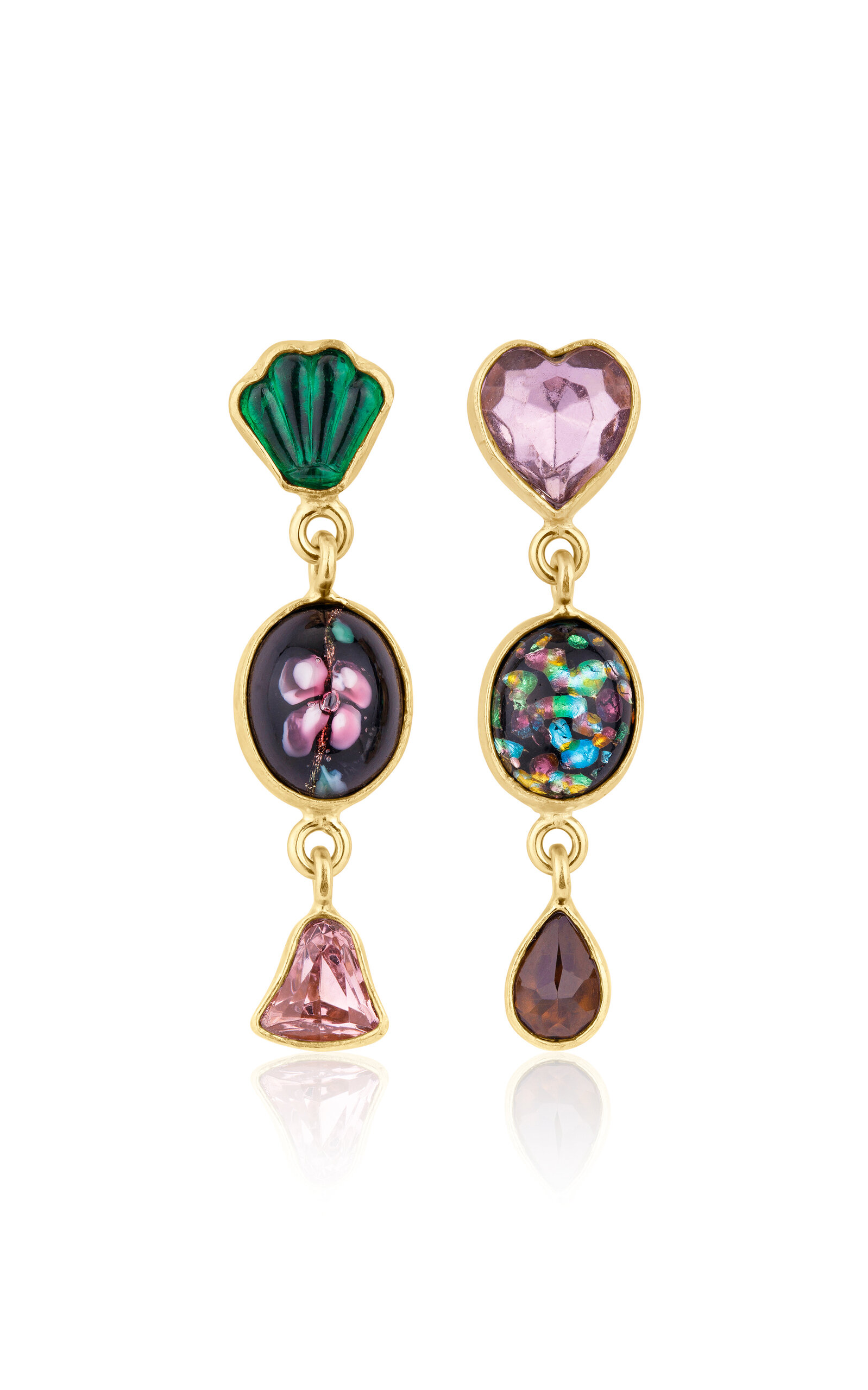 Grainne Morton 18k Gold Plated Silver And Mixed Materials Three Charm Moving Drop Earrings In Green