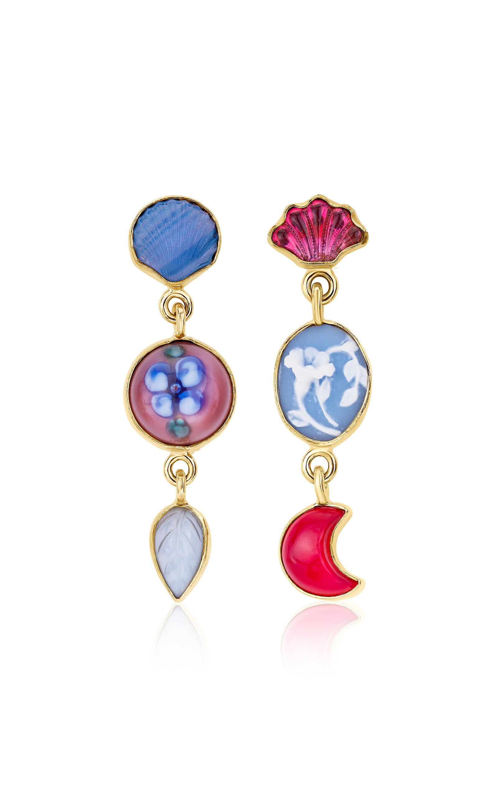 Grainne Morton 18k Gold Plated Silver And Mixed Pink And Blue Materials Three Charm Moving Drop Earrings In Blue