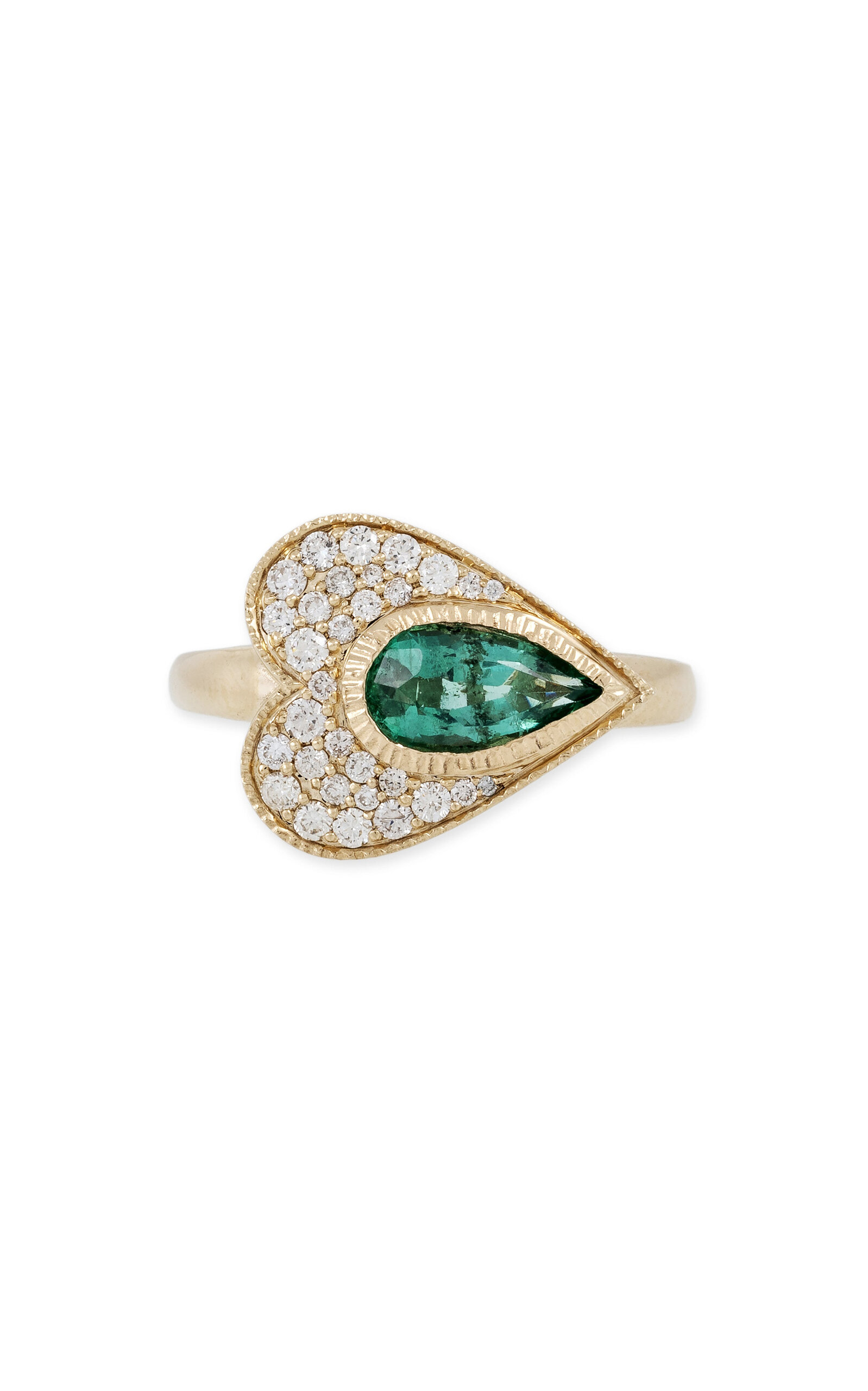 14K Yellow God Emerald; Diamond Heart Ring
