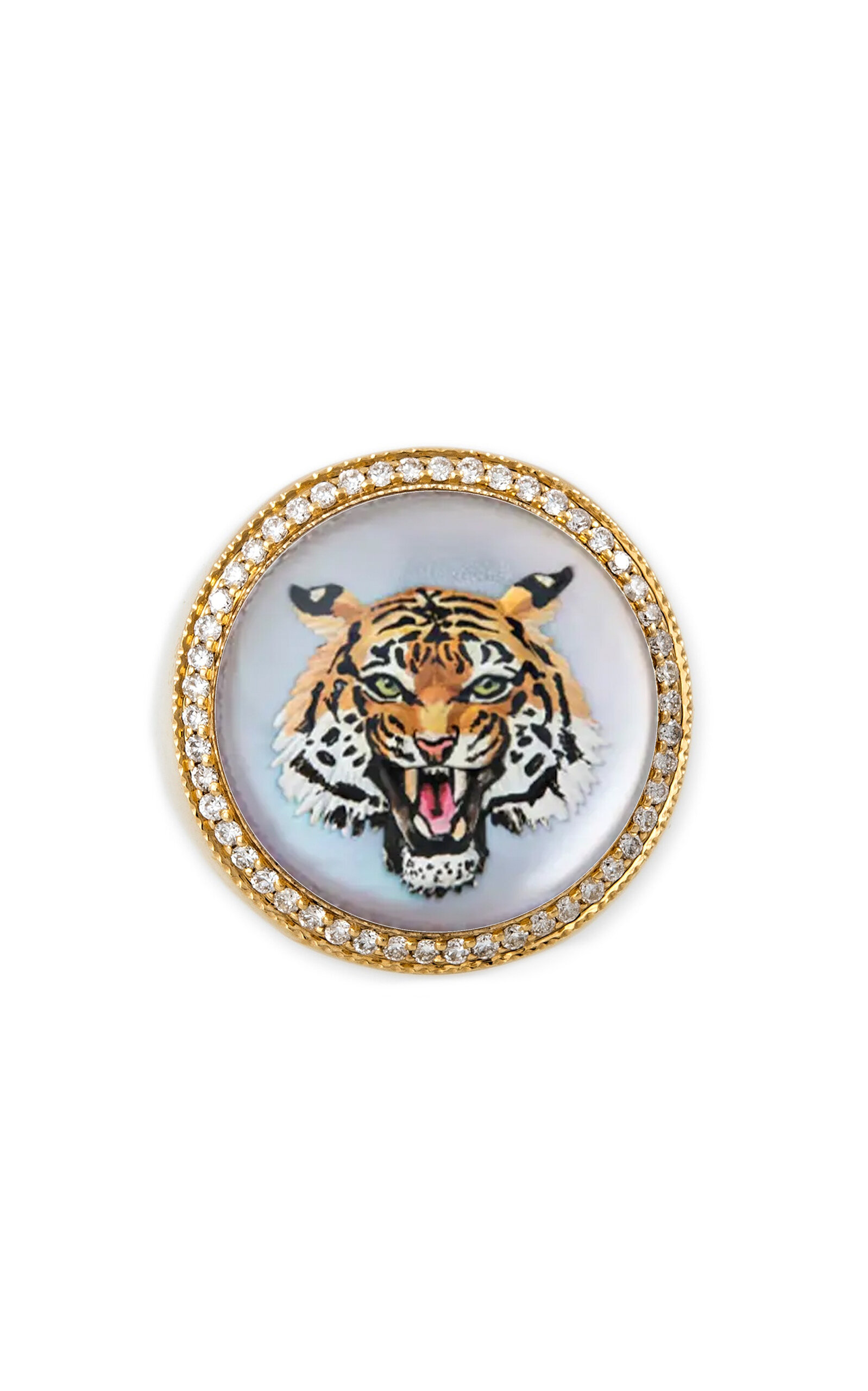 Tiger 14K Yellow Gold Hand-Painted Mother-of-Pearl Diamond Signet Ring