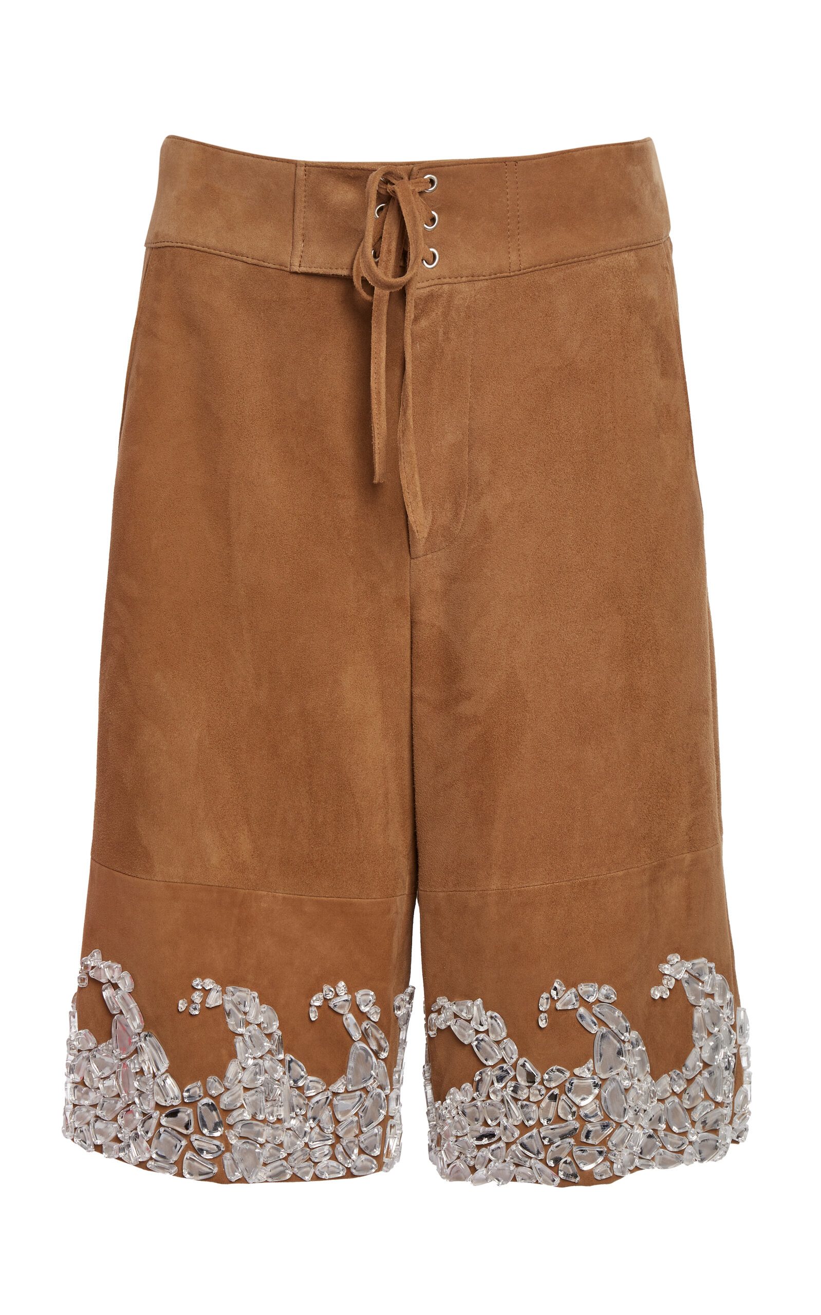 Christopher Esber Corrode Wave Embellished Suede Shorts In Tan