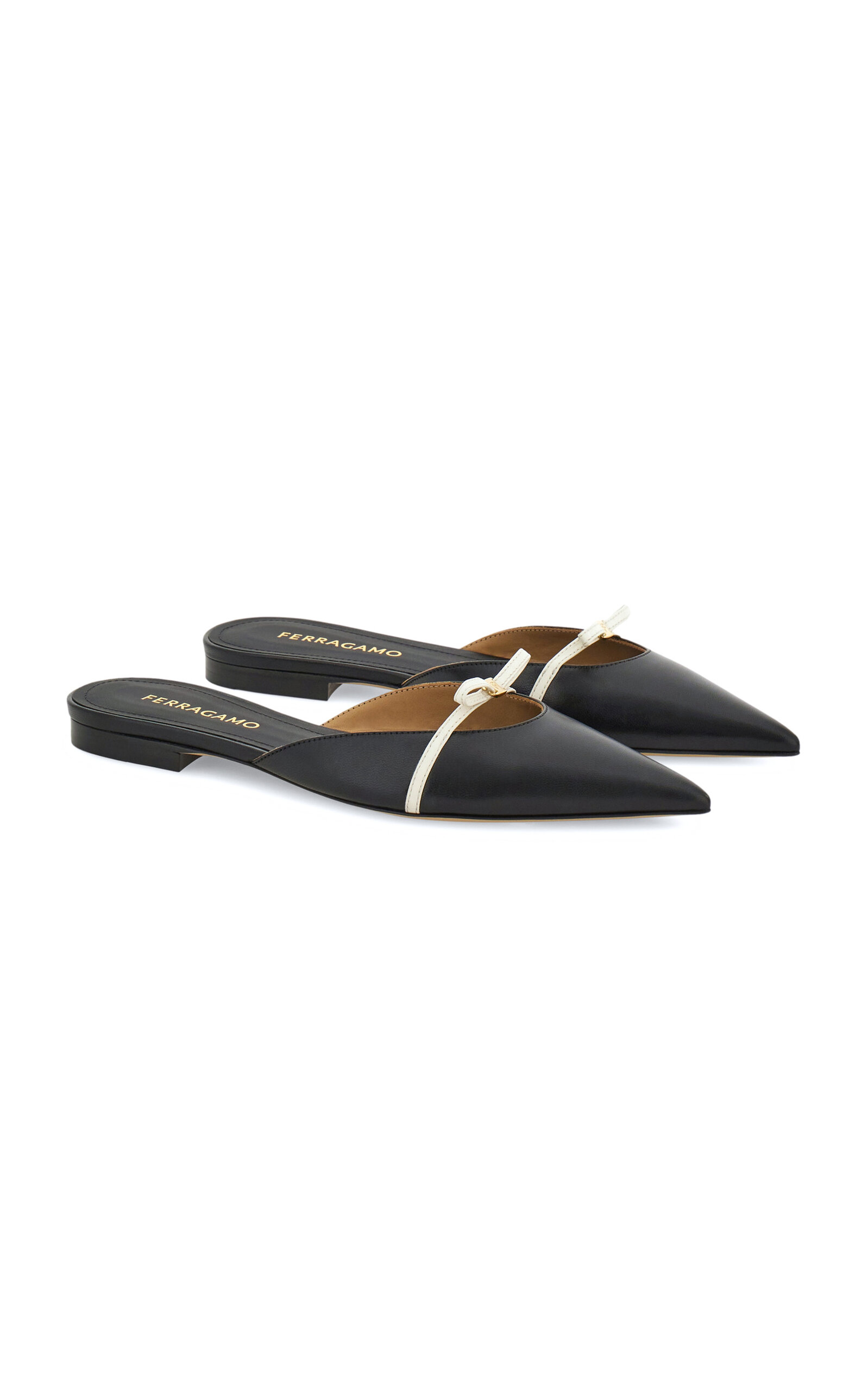 Ferragamo Bow Pointed Toe Mules In Black,white