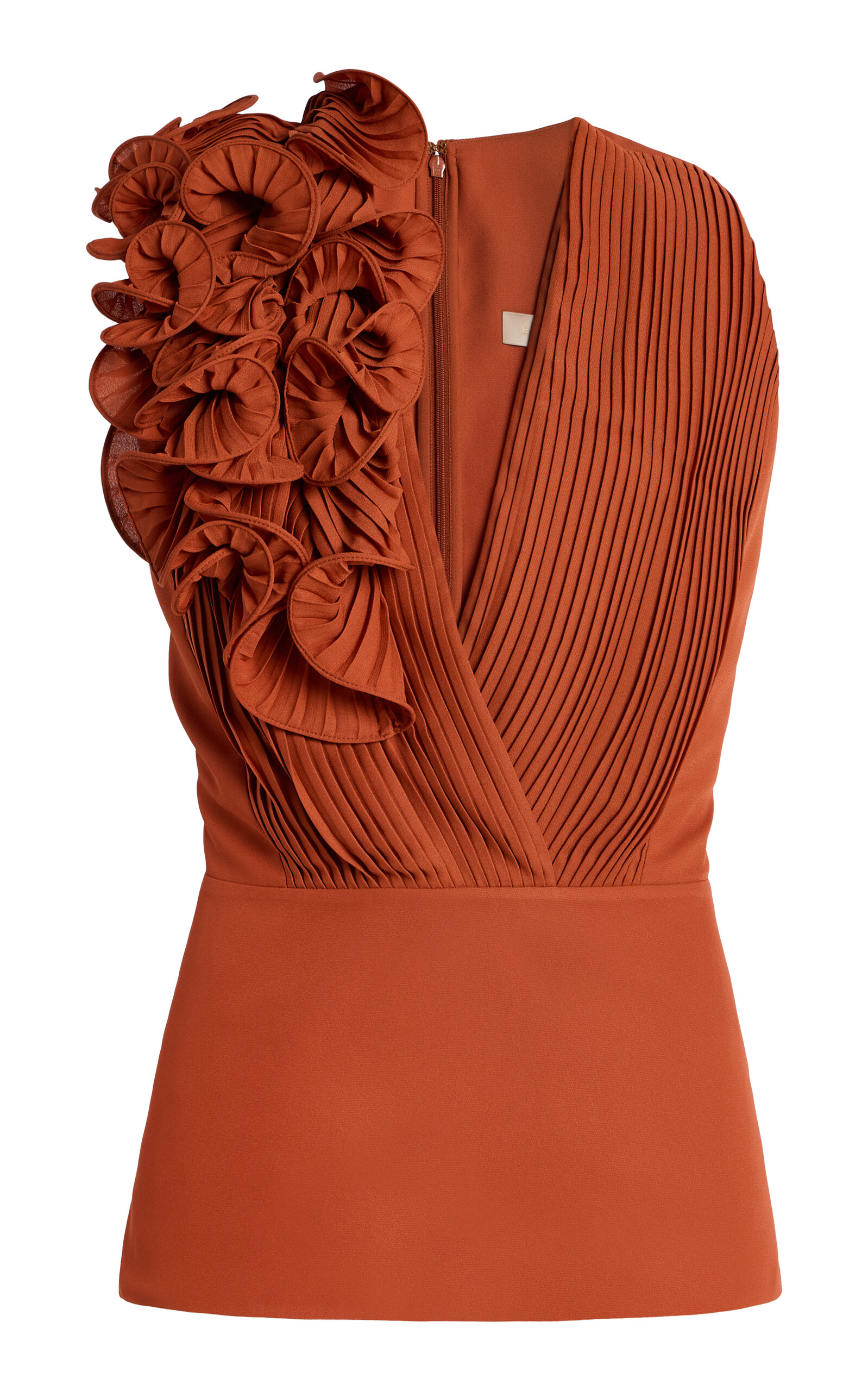 Elie Saab Plunged Plissé Chiffon Top In Orange