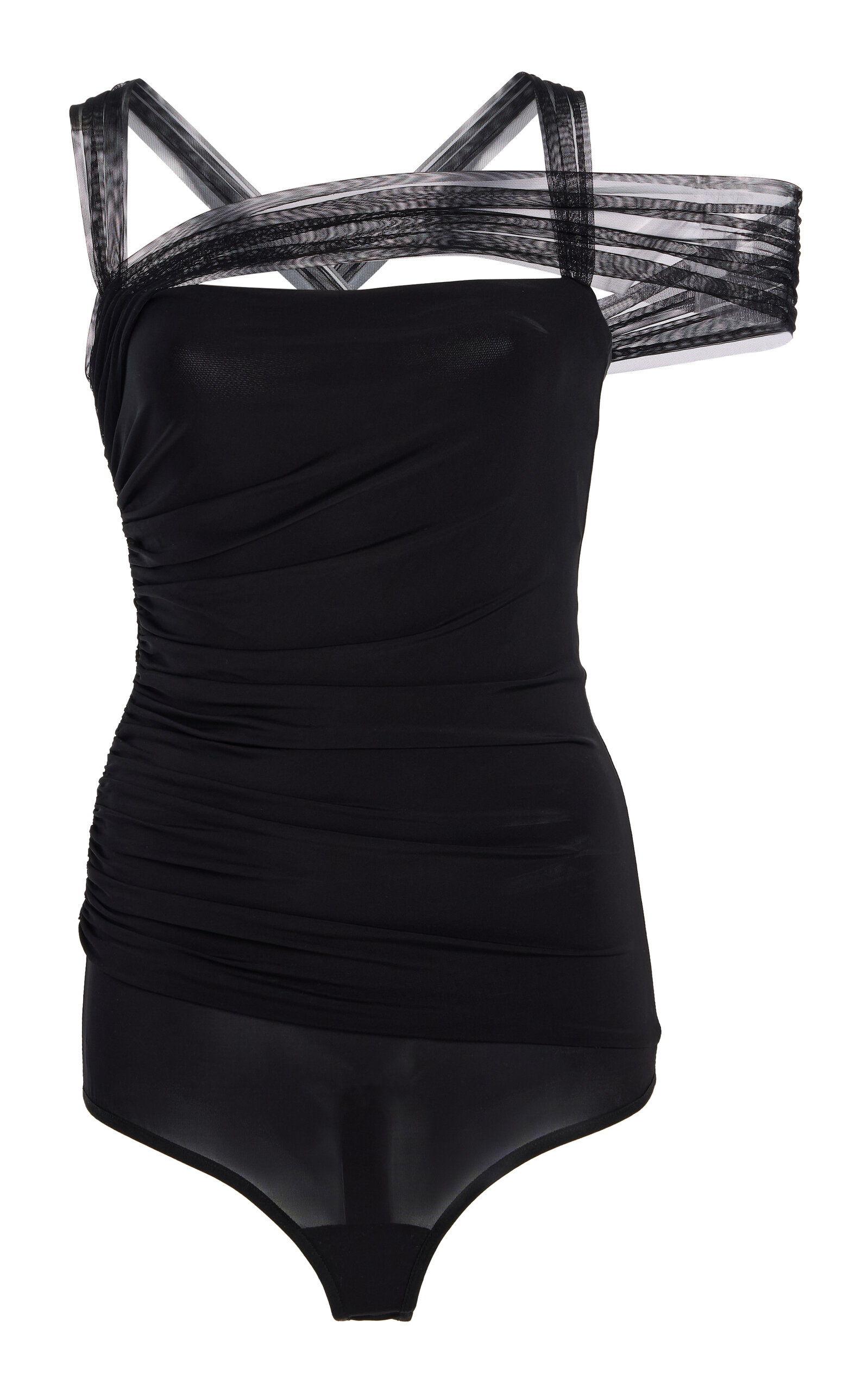 Tulle-Detailed Ruched Jersey Bodysuit