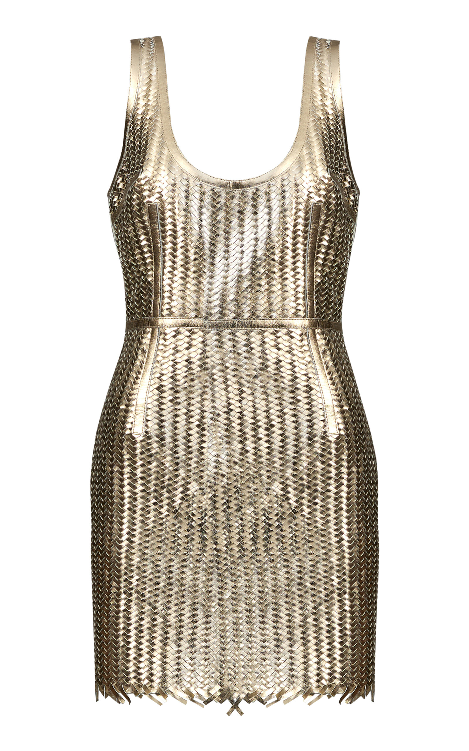 The New Arrivals Ilkyaz Ozel Manu Metallic Leather Mini Dress In Gold