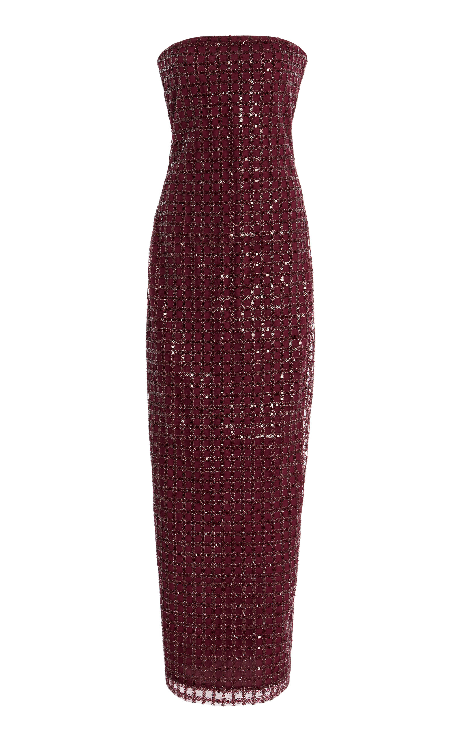 Rotate Birger Christensen Floor-length Burgundy Strapless Evening Dress With Sequined Detailing In Burgundy