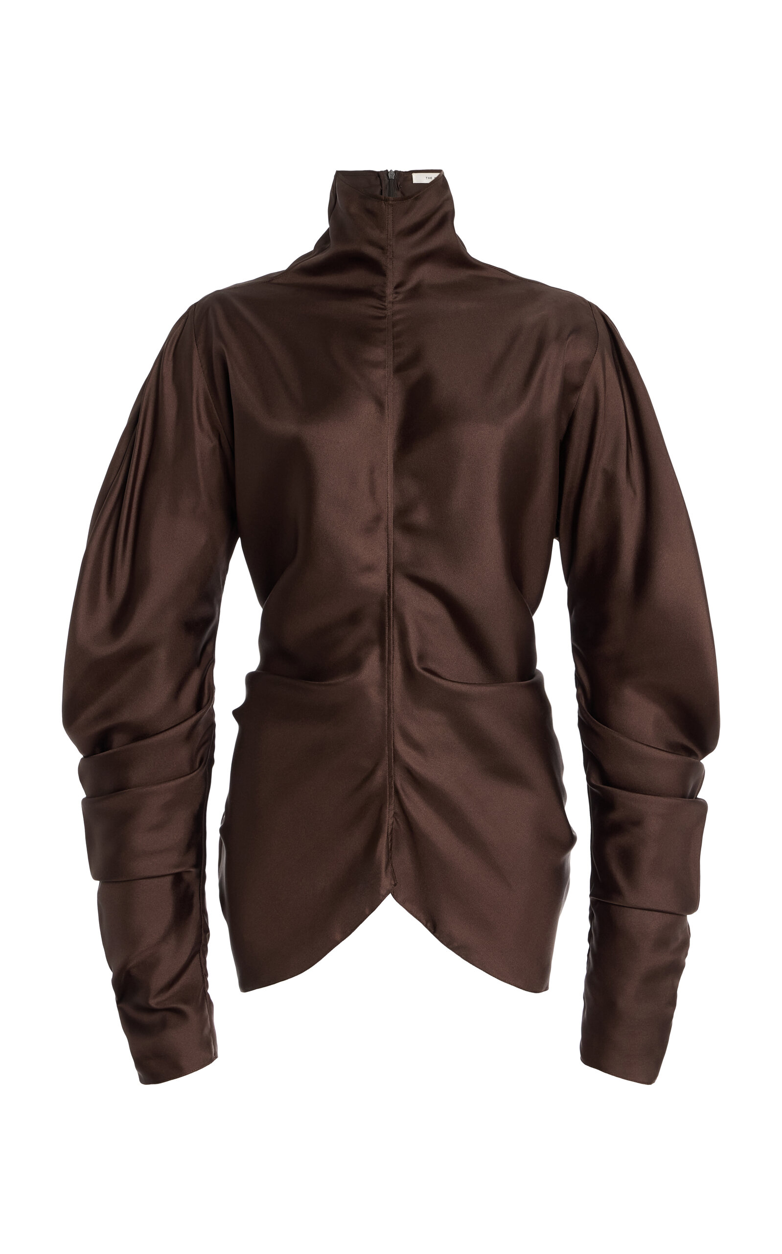The Row Miles Draped Silk-twill Top In Brown