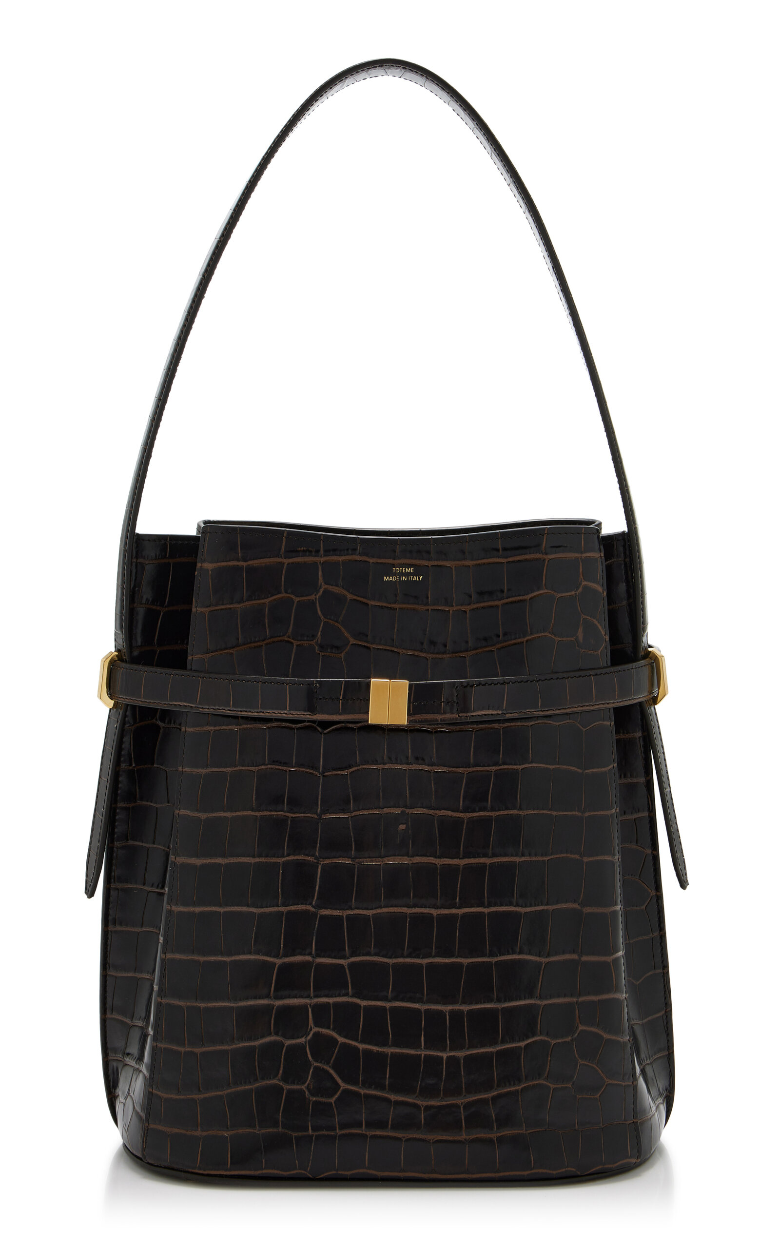 Belted Croco-embossed Bucket Bag