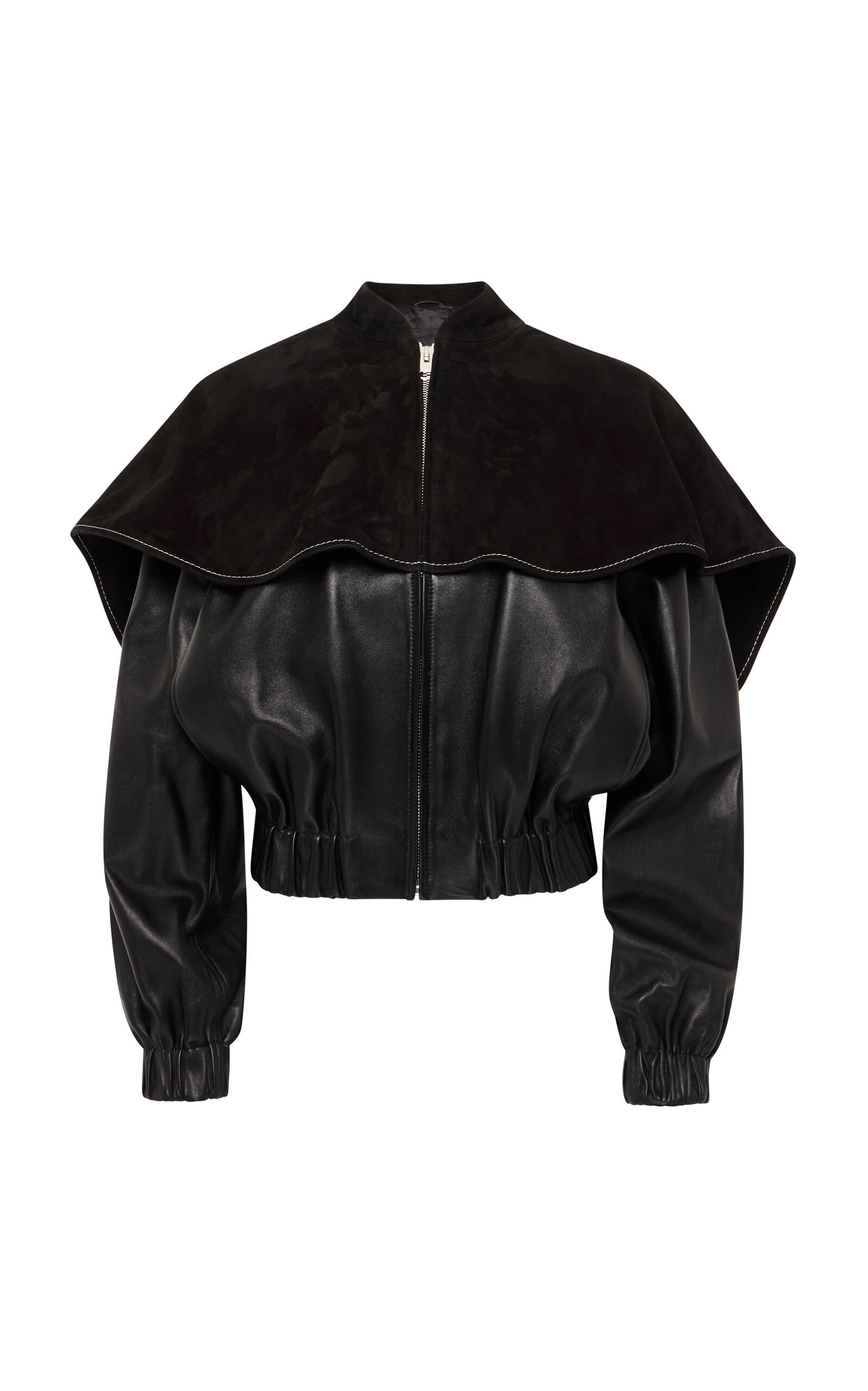 Oversized-Collar Leather Bomber Jacket