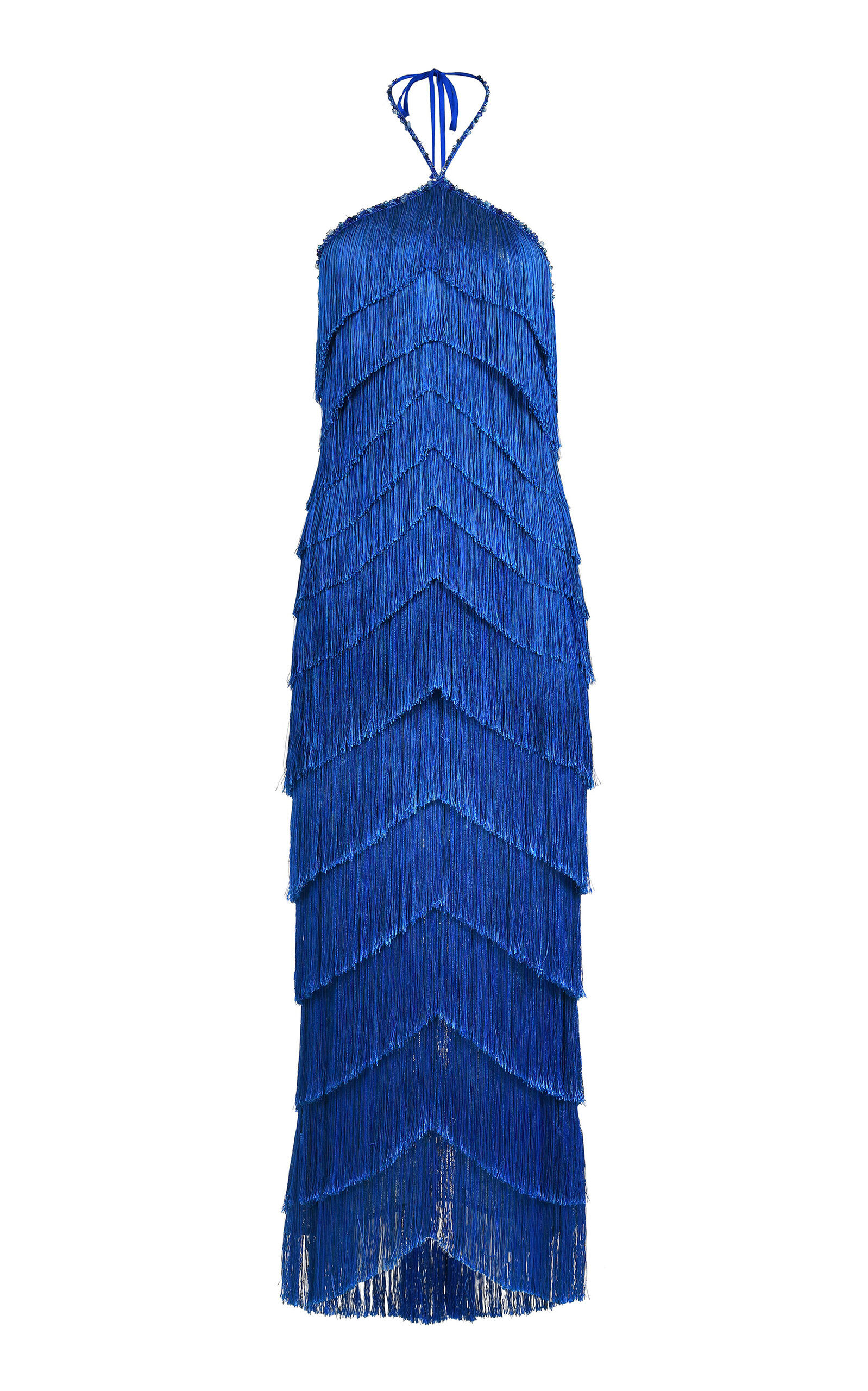 Estrella Fringed Silk-Blend Maxi Halter Dress