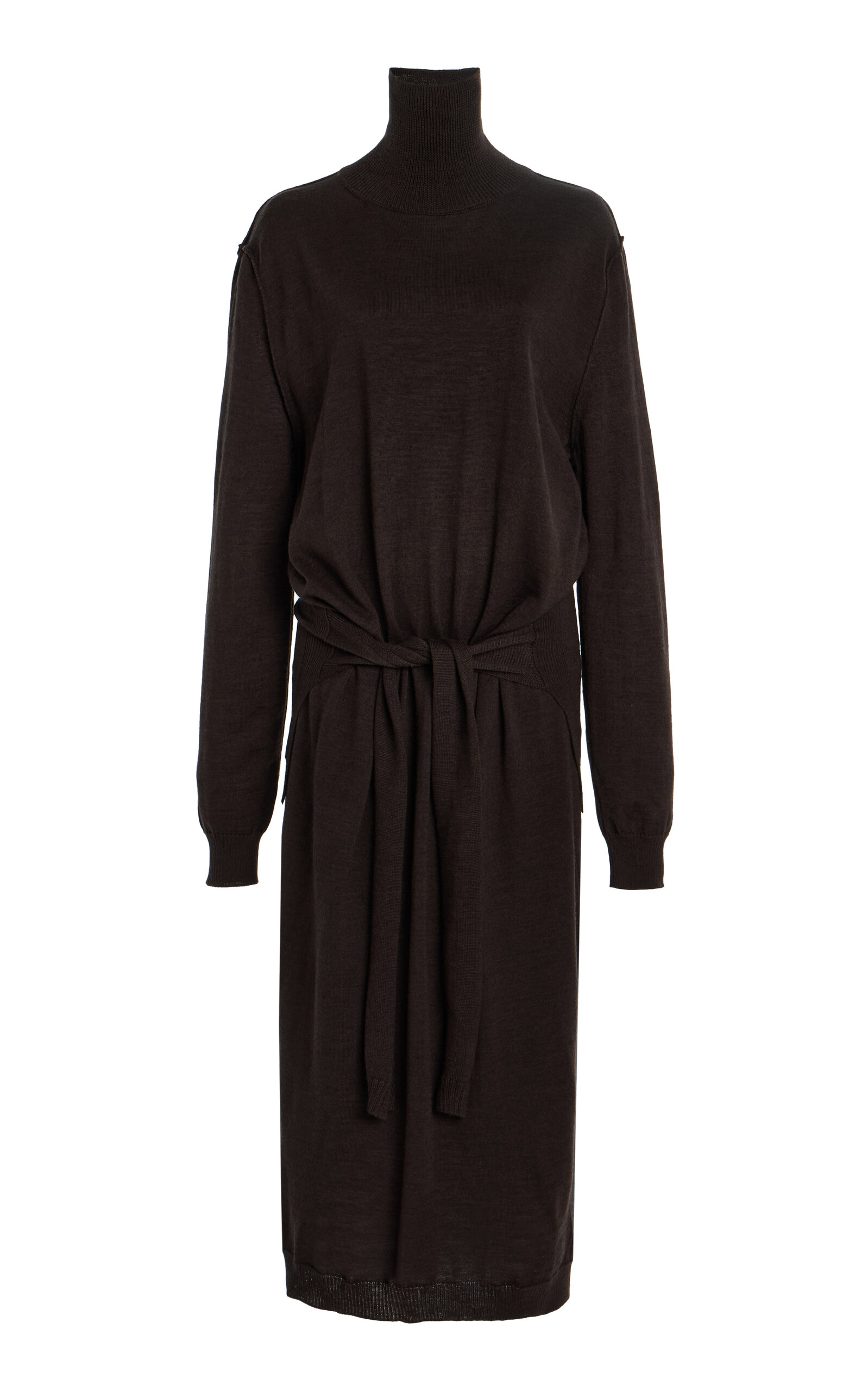 Lemaire Trompe L'oeil Turtleneck Belted Midi Dress In Brown