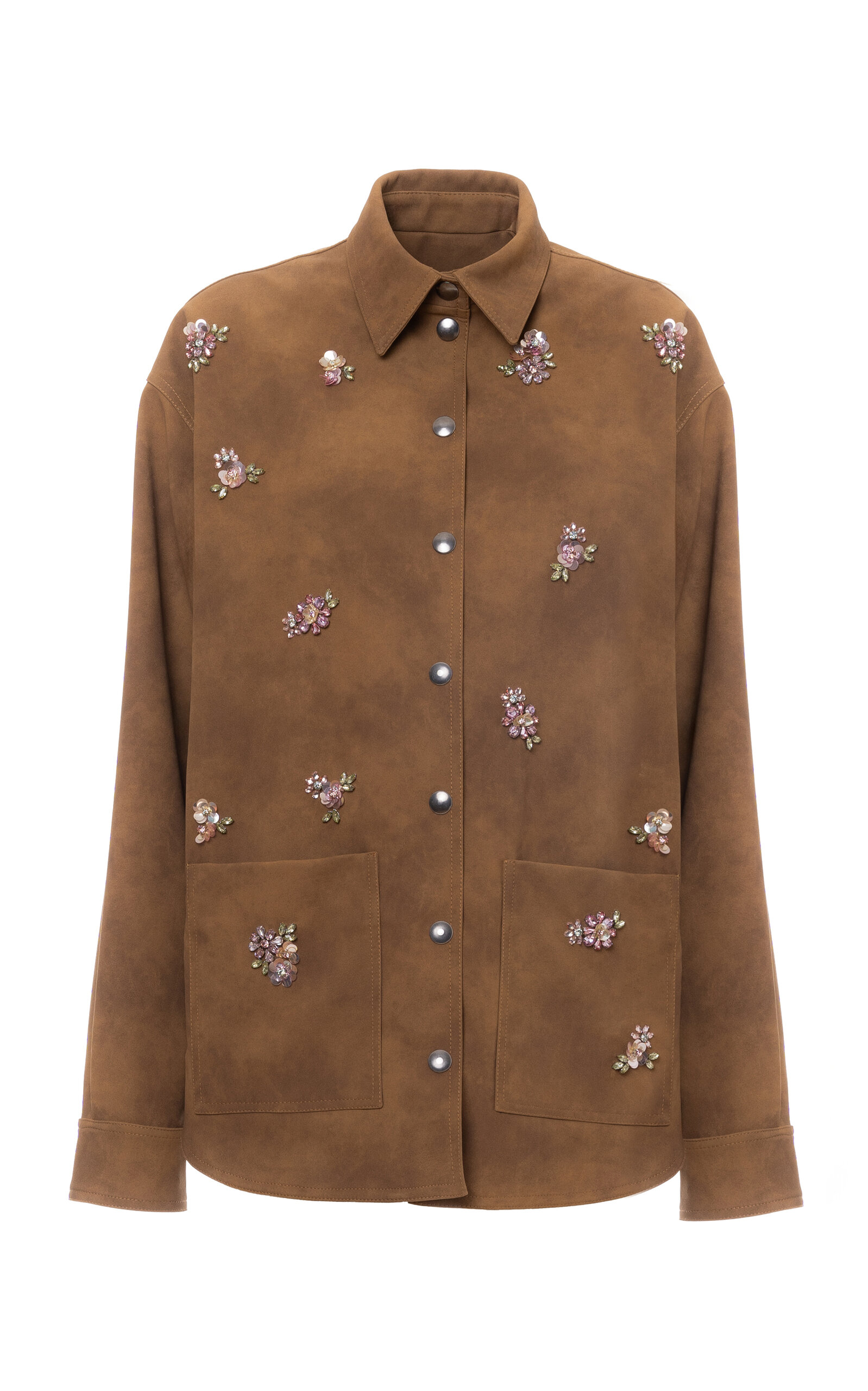DES_PHEMMES – Floral Embroidered Faux Suede Shirt Jacket – Tan – IT 40 – Moda Operandi
