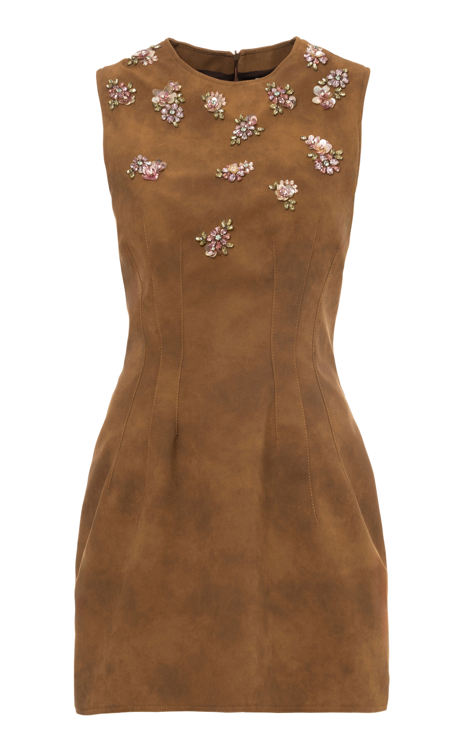 Des_phemmes Faux Suede Embroidered A-line Mini Dress In Tan