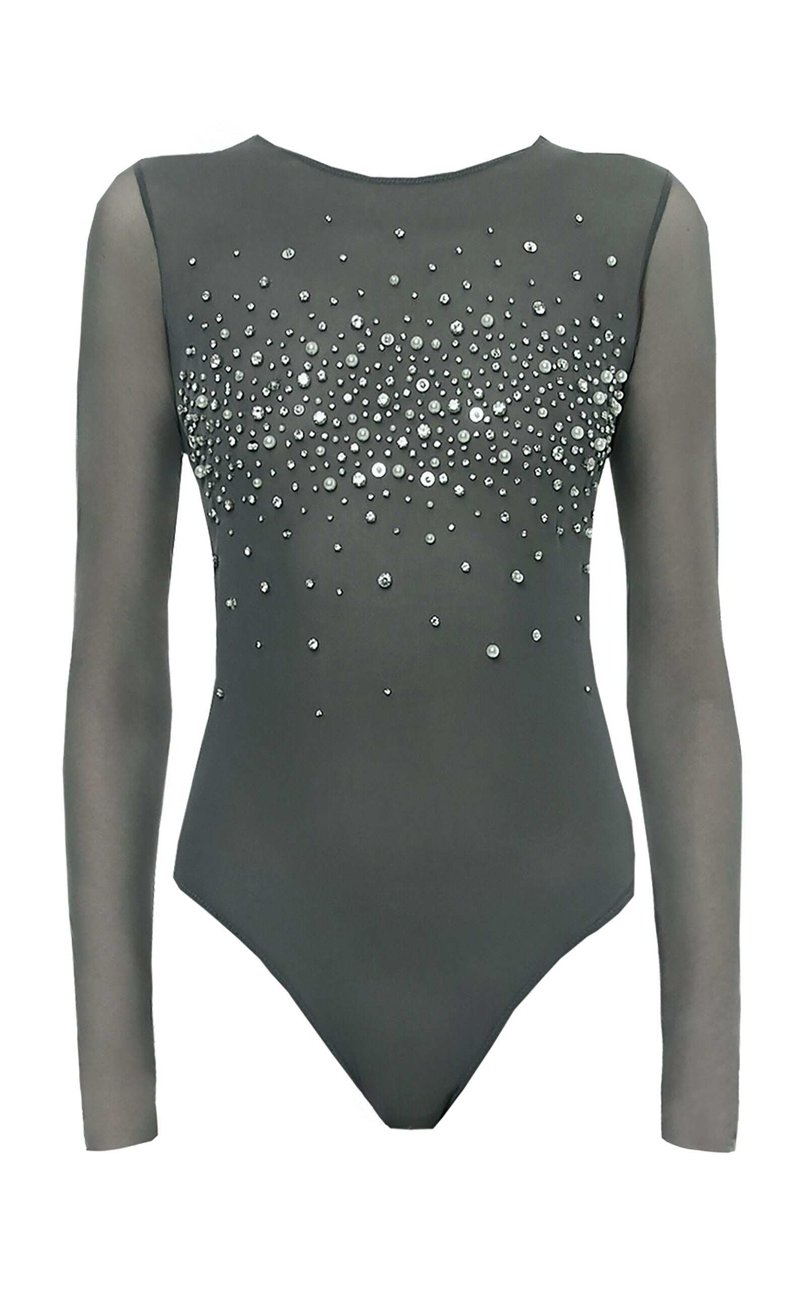 Des_phemmes Tulle Bodysuit With Crystals And Pearls In Dark Grey