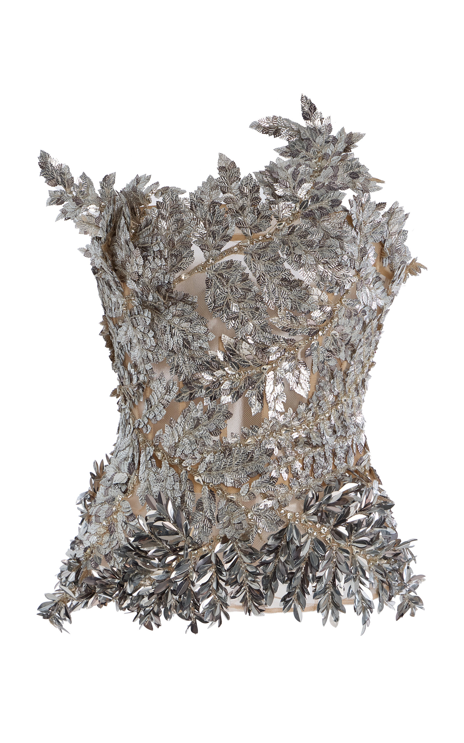 Oscar De La Renta Metallic Embroidered Tulle Top In Silver