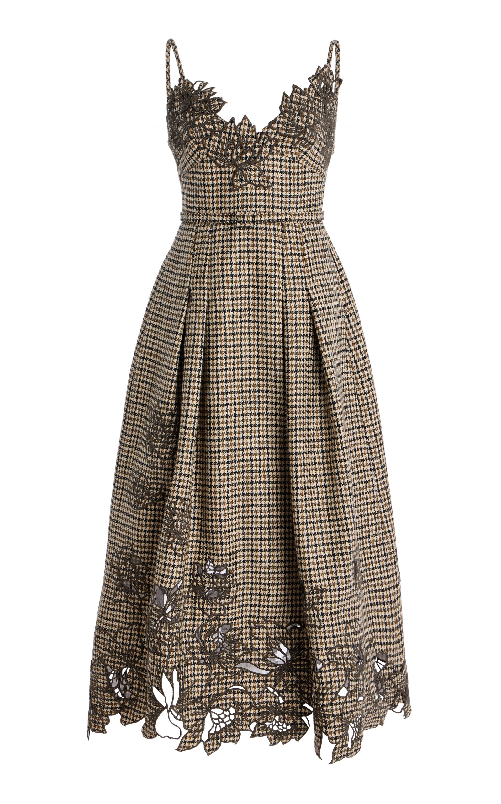 Oscar de la Renta Embroidered Pied De Poule Wool Midi Dress - Women's Clothing