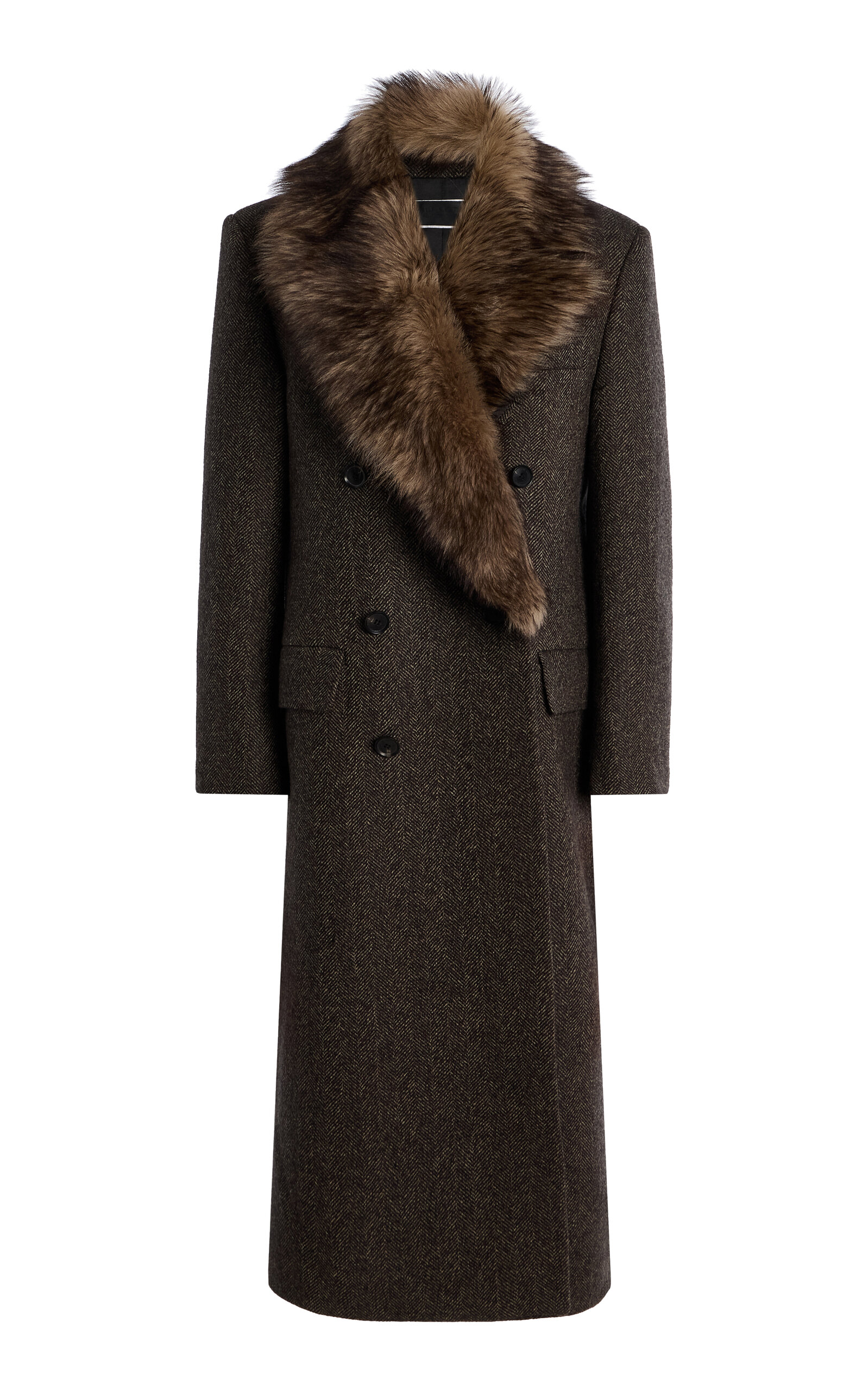 NILI LOTAN Edina Shearling-Trimmed Herringbone-Wool Double-Breasted Coat
