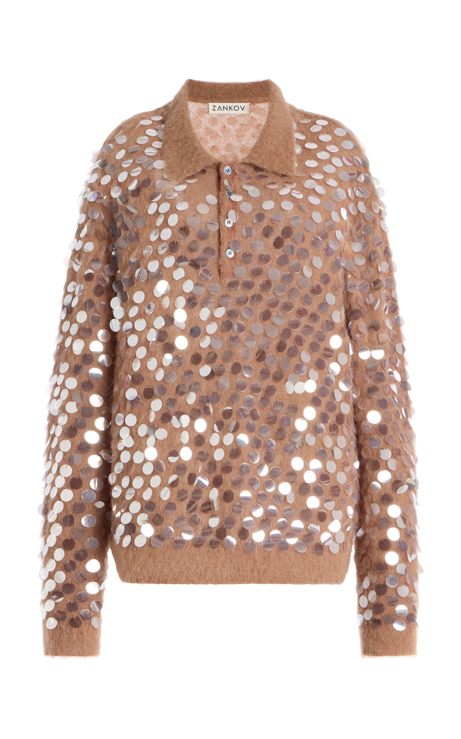 Zankov Adora Sequined Mohair-blend Polo Sweater In Neutral
