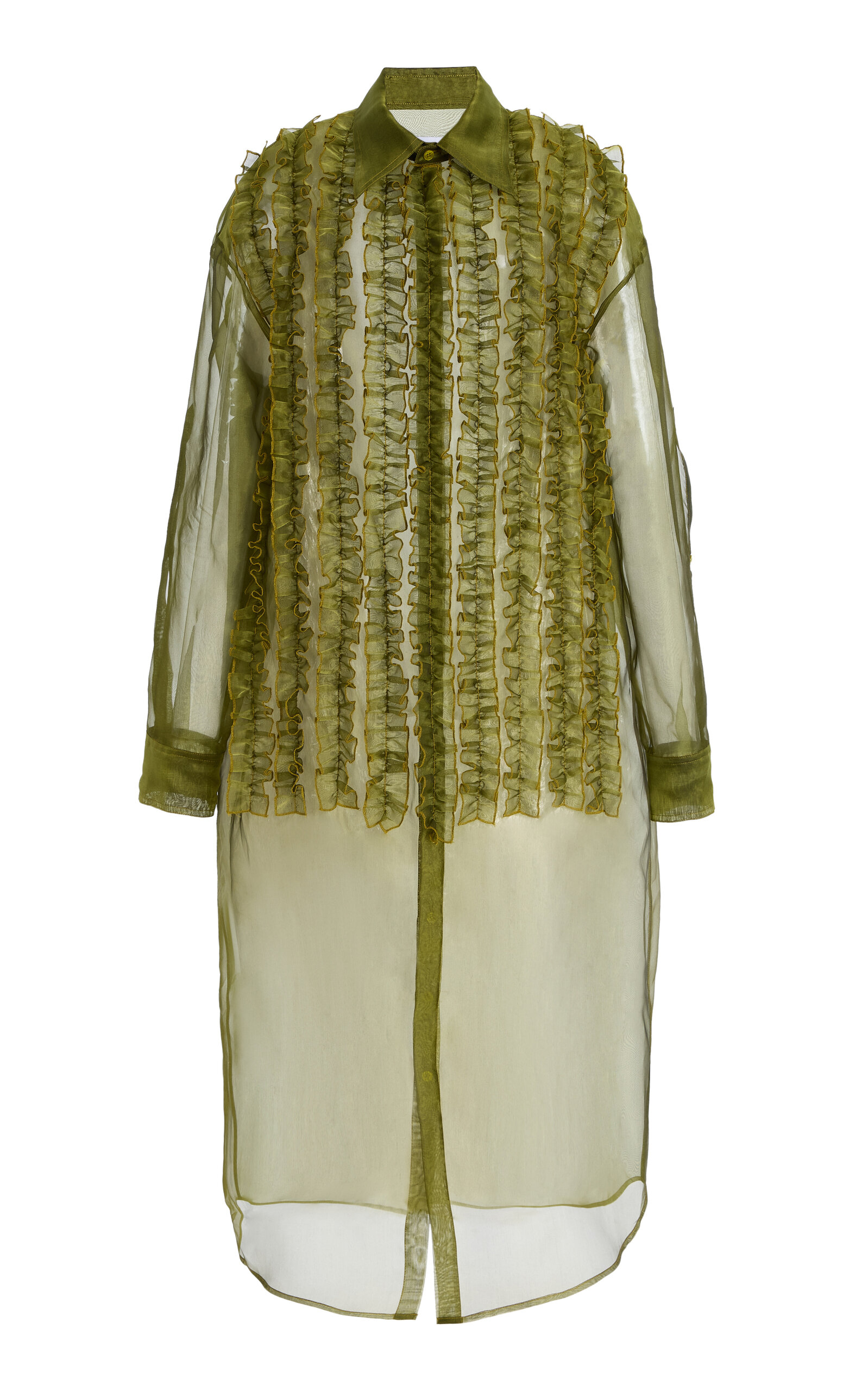 Christopher John Rogers Ruffled Silk Tuxedo Mini Shirt Dress In Olive