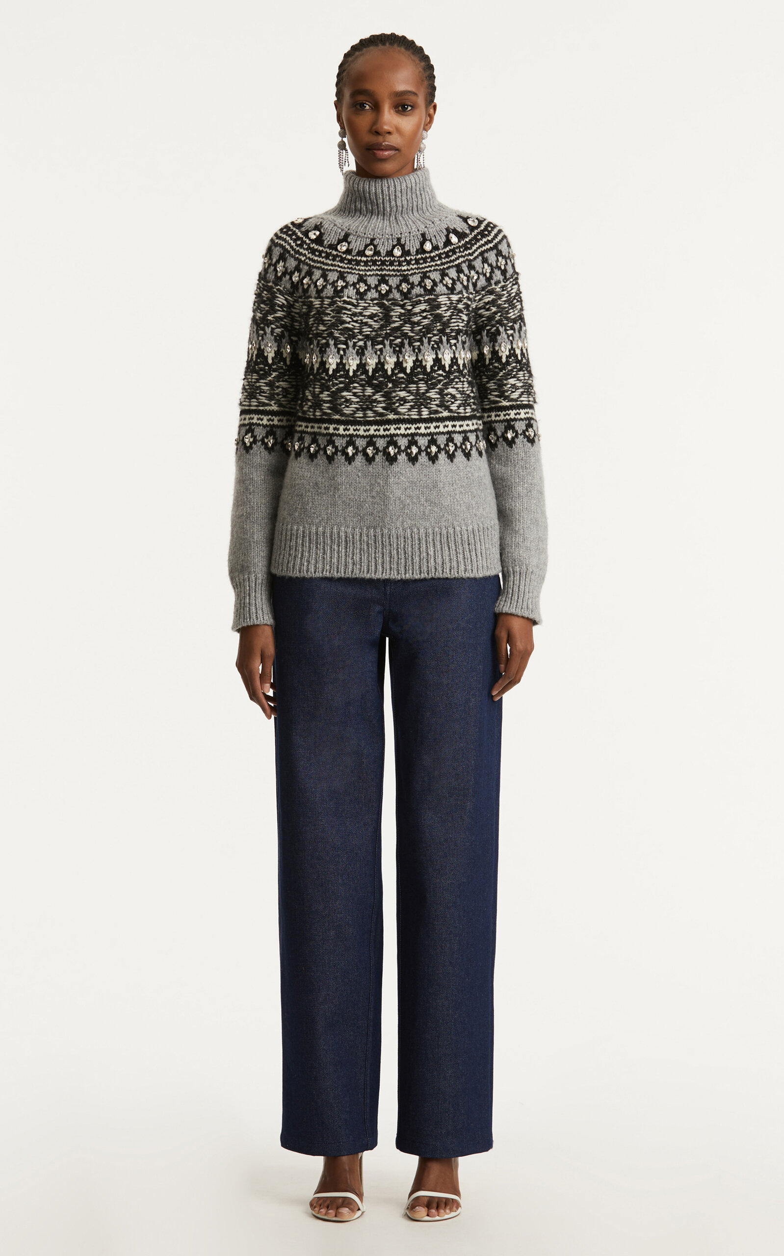 Oscar De La Renta Crystal-embellished Fair Isle Turtleneck Sweater In Grey