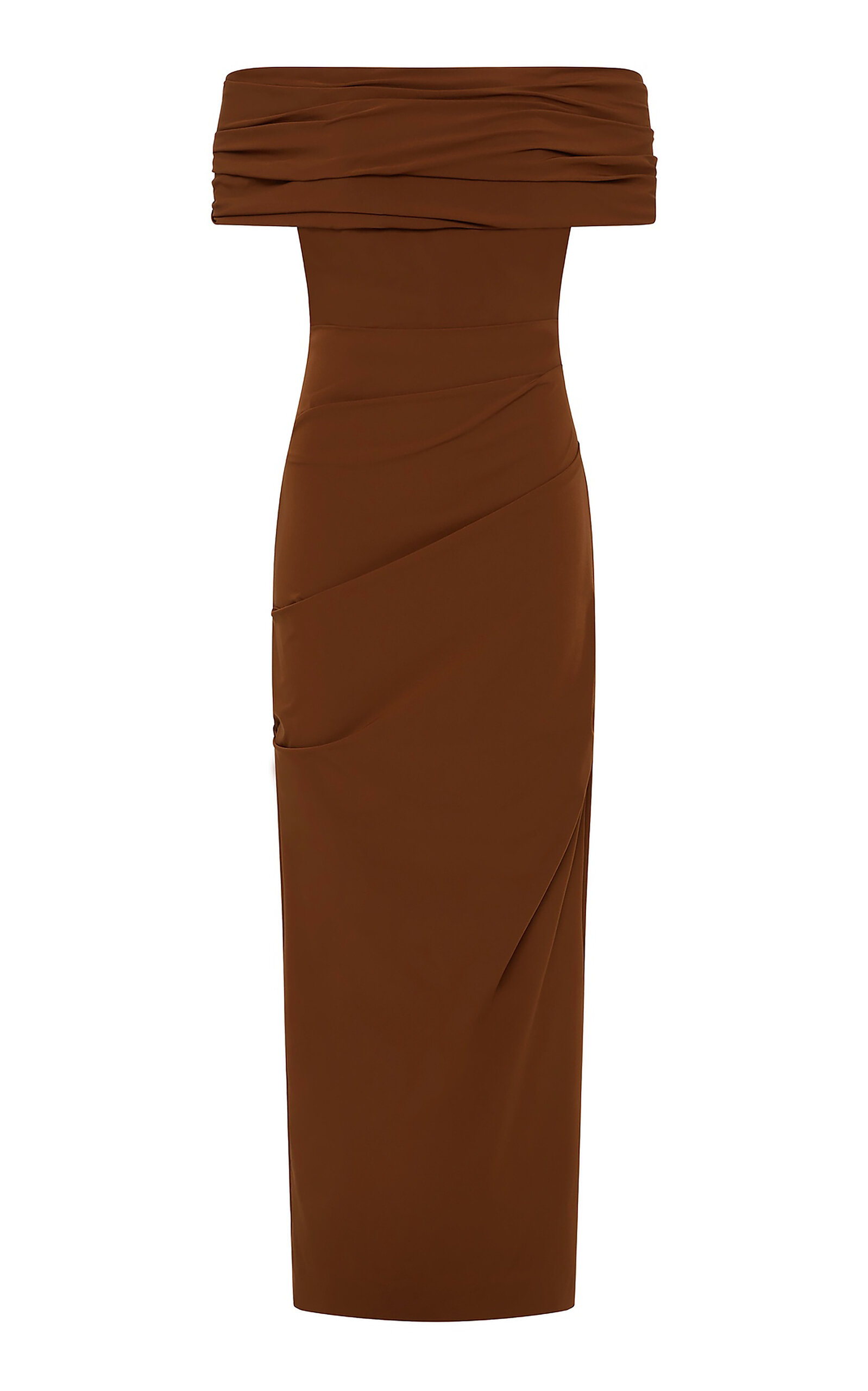 Rachel Gilbert Camille Off-the-shoulder Stretch-taffeta Midi Dress In Brown