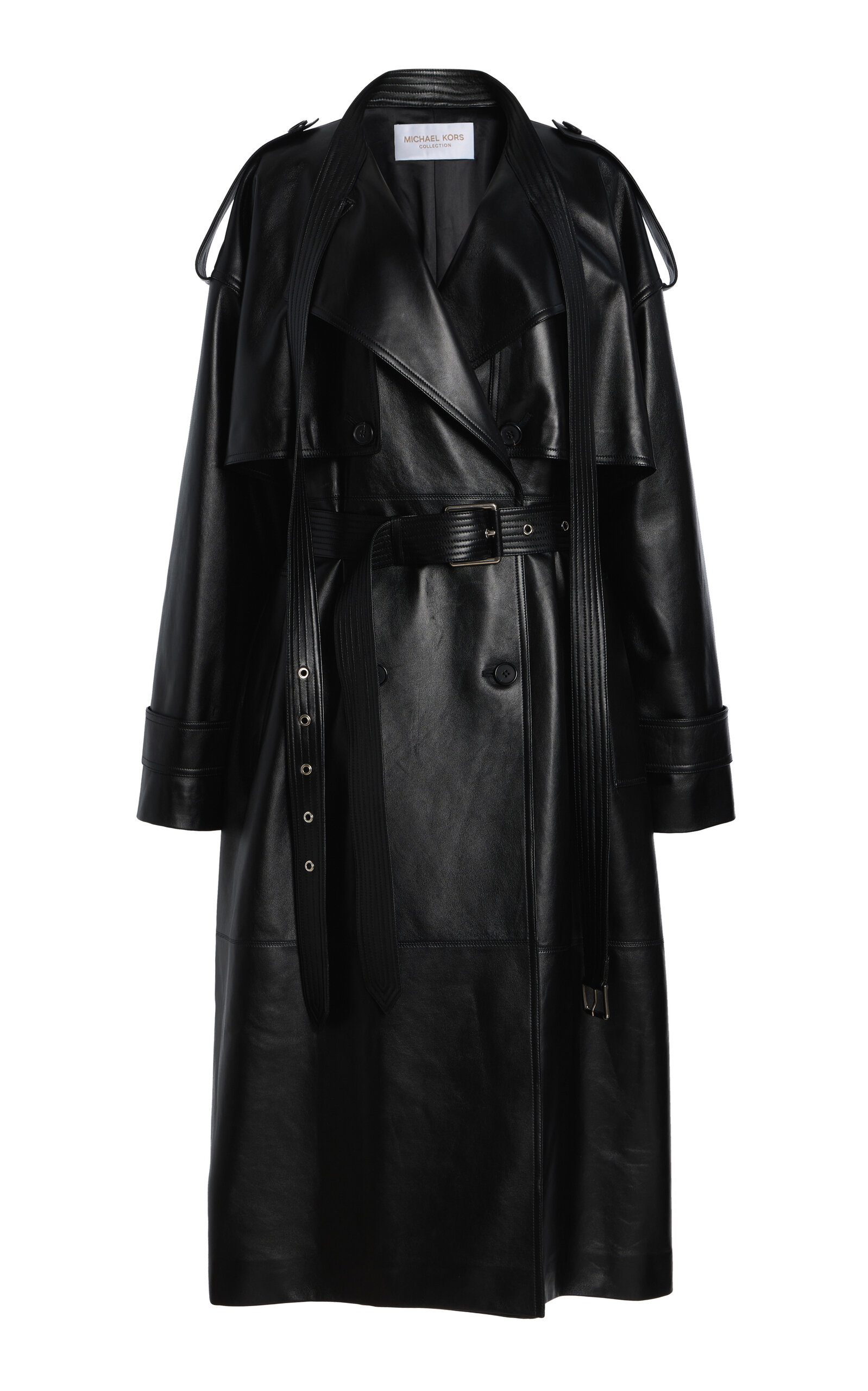 Scarf-Detailed Leather Trench Coat