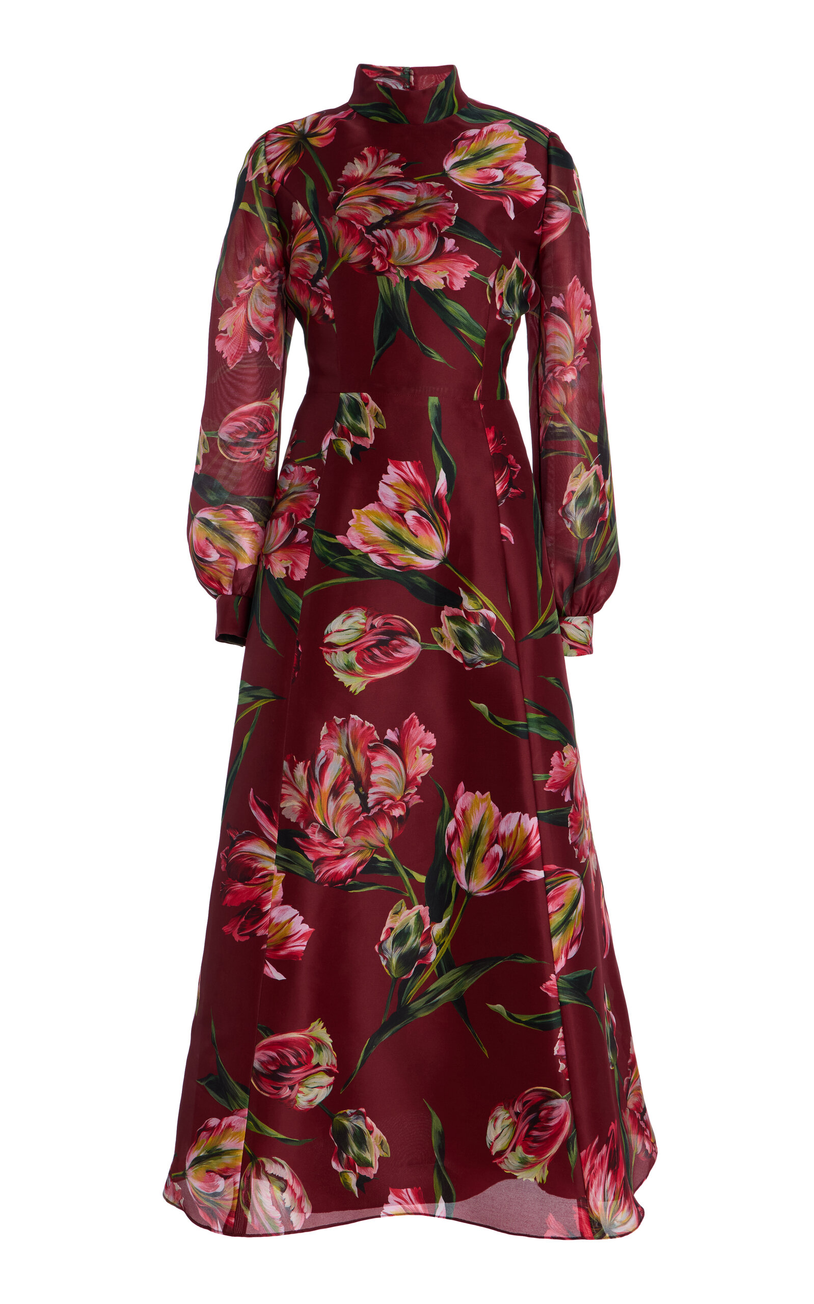 Carolina Herrera Floral Mock Neck Silk Gazar Midi Dress - Red