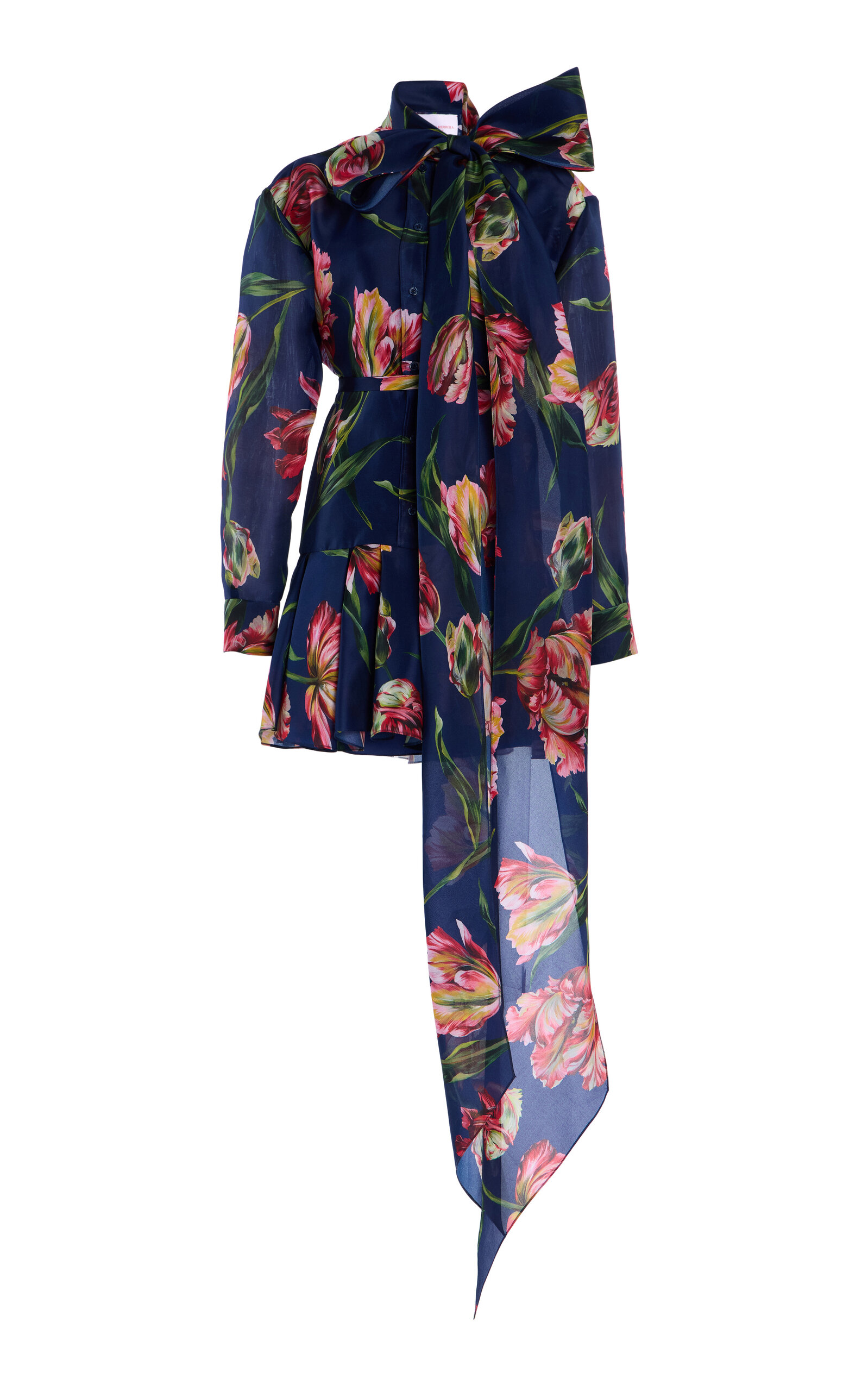 Carolina Herrera - Tie-Neck Silk Mini Shirt Dress - Navy - US 2 - Moda Operandi