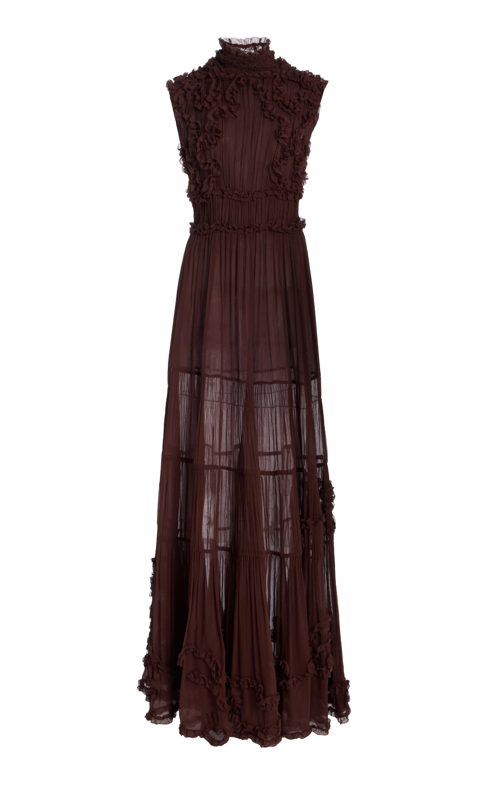 Ulla Johnson Verona Ruffled Smocked Silk-crepon Gown In Burgundy