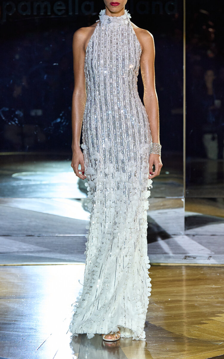 Pamella Roland Embellished Halter Tulle Gown